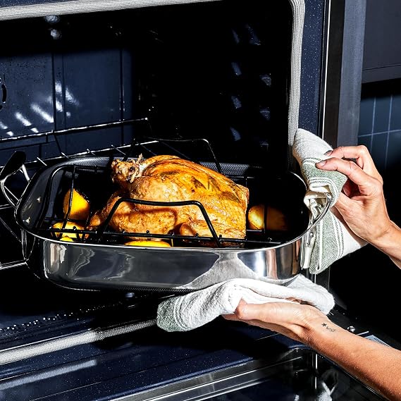 HexClad Hybrid 14 x 10 Inch Rectangular Nonstick Roasting Pan with Rack, Dishwasher-Friendly, Oven-Safe Up to 900F, Compatible with All Cooktops