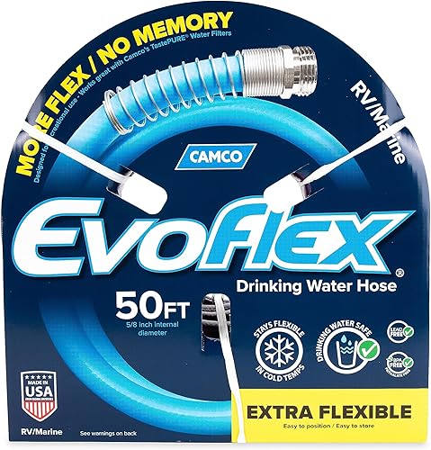Miniatura 10 de Camco EvoFlex - Manguera de agua potable de 50 pies  Cuenta con una construcción extra flexible, alivia la tensión de acero inoxidable y es ideal