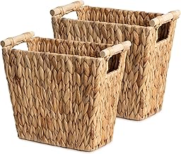 StorageWorks Water Hyacinth Wicker Waste Basket with Wooden Handles, Rectangular Hand Woven Office Waste Basket, 2 Pack, 2.7 Gallon, 12 Liters