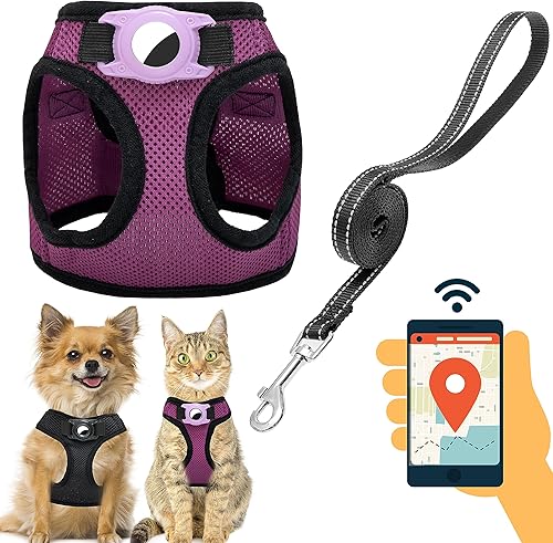 JVVGPET Arnés para perro con soporte Airtag para perros pequeños, arnés para perros pequeños sin tirones y correa reflectante para perro, juego para