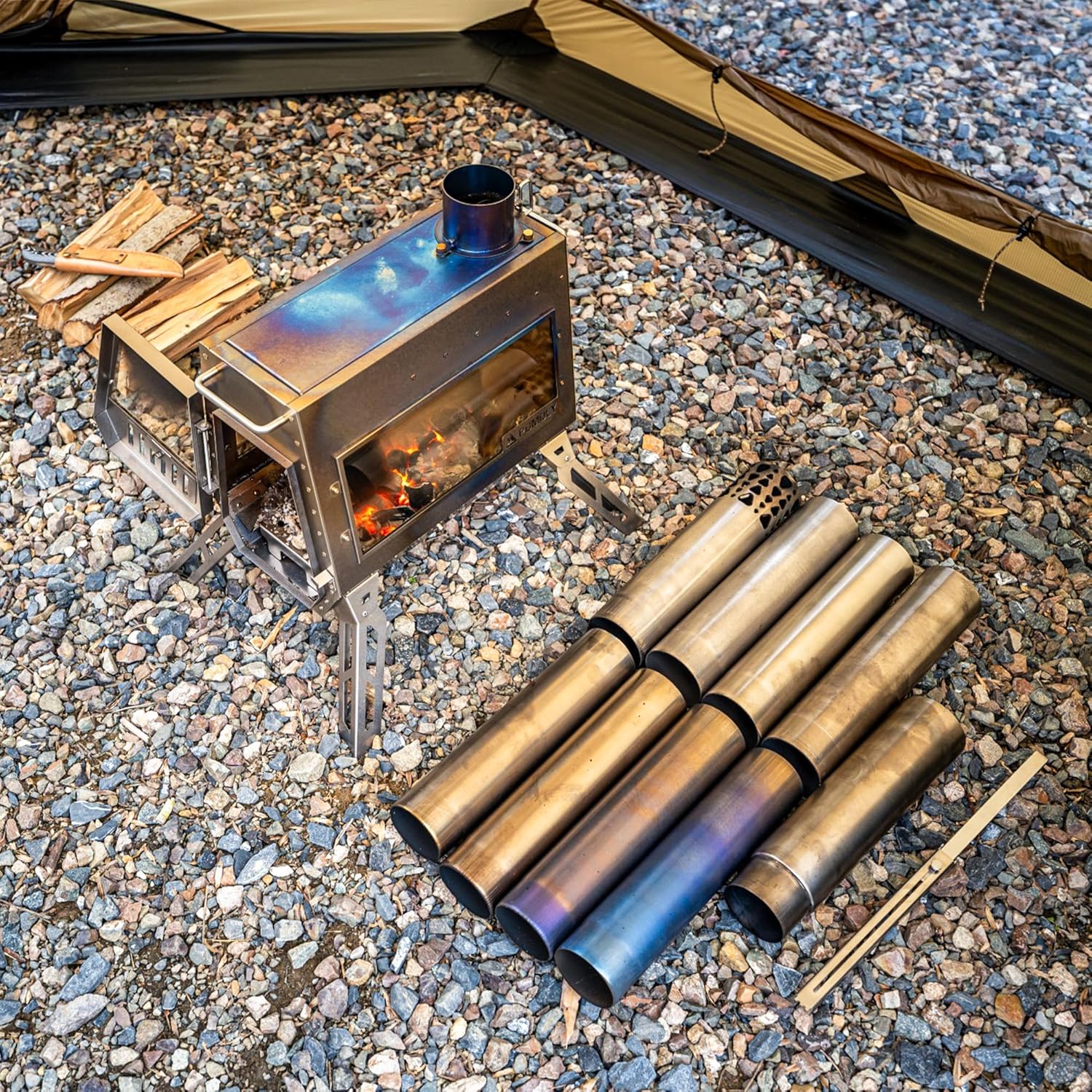 POMOLY Camping Wood Stove Tent Stove, Dagger Ti Titanium Wood Burning Stove with Chimney Pipe for Hiking, Cooking