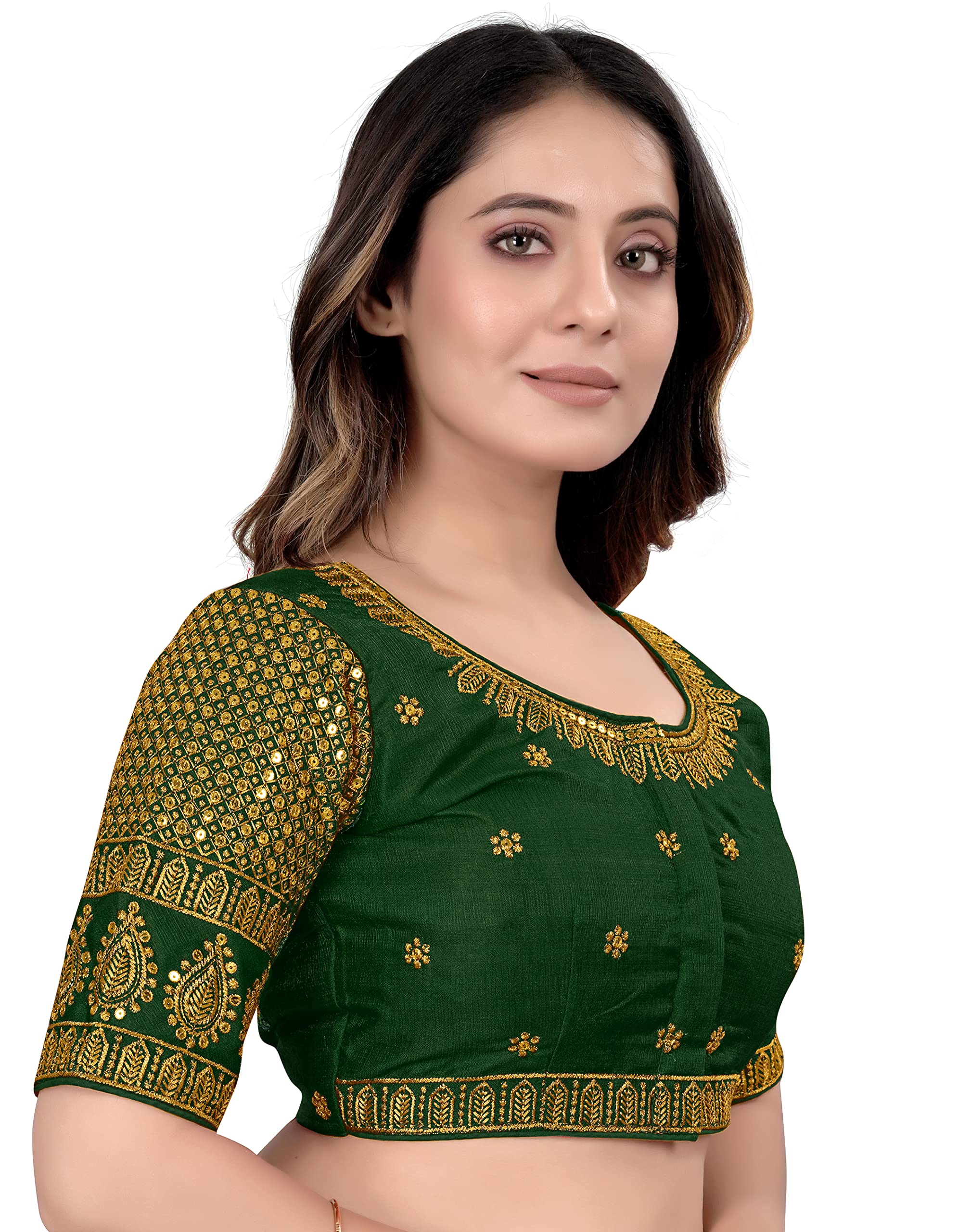 pujia mills Women's Art Silk Embroidery Blouse - Half Sleeve Readymade Saree Blouse With Sequence Work-picture-32