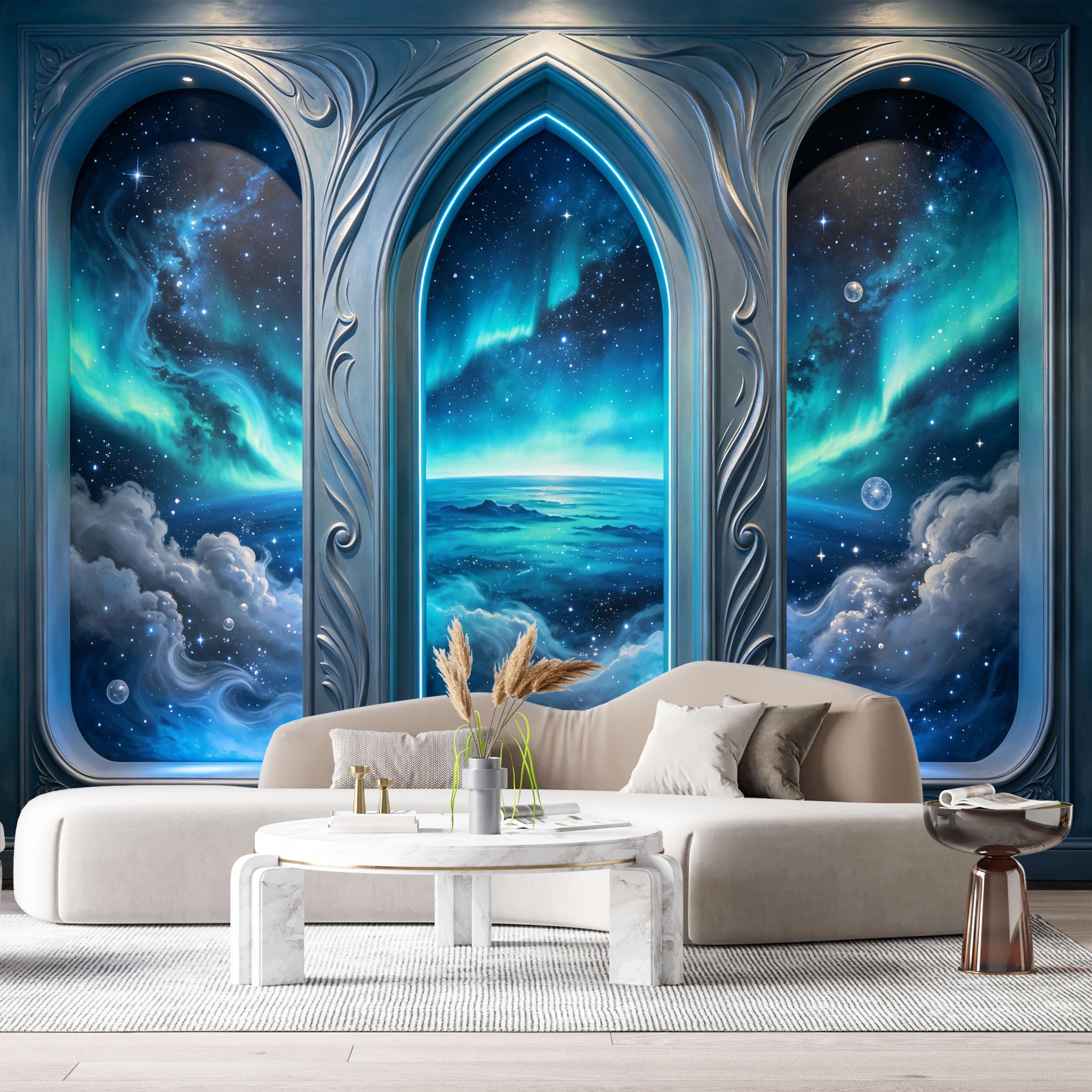 Custom Size Wall Murals Fantasy Cosmic Seascape Aurora Night Sky 3D Trompe L'Oeil SelfAdhesiveWall Fabric Removable Wallpaper Wall Decor for Living Room Bedroom Bathroom