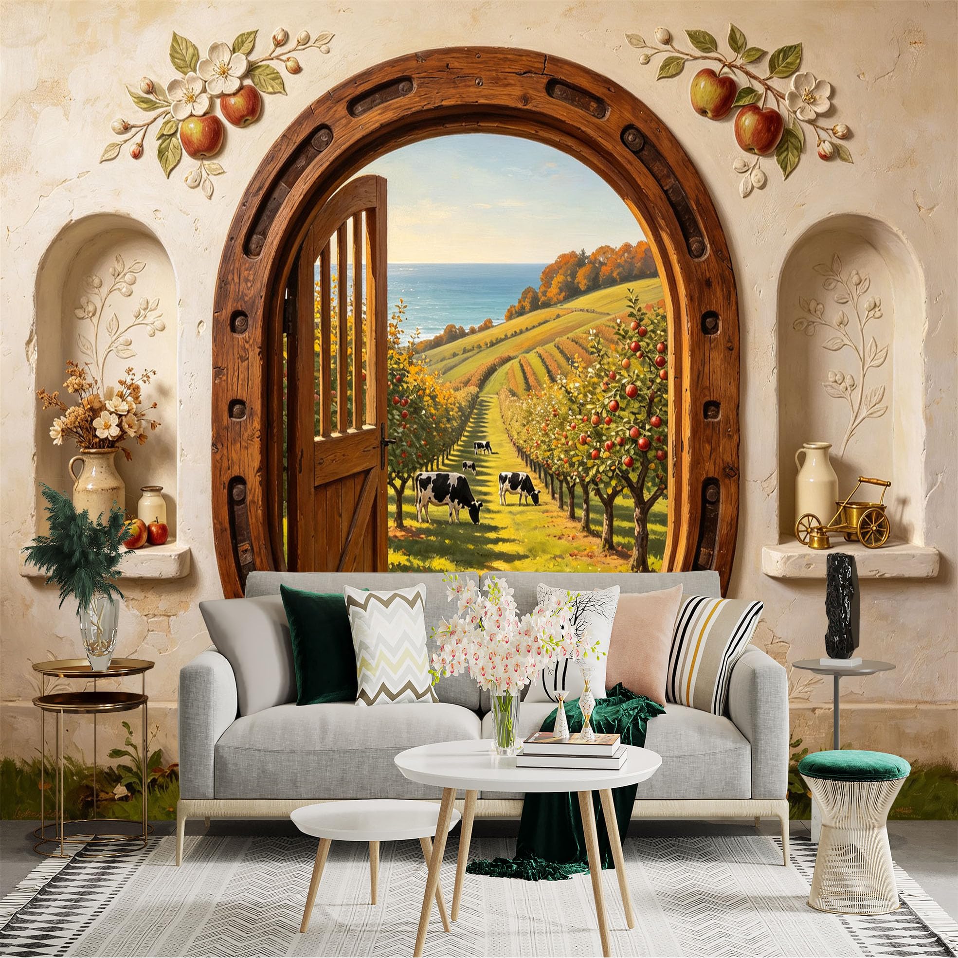 Custom Size Wall Sticker Mural， Rustic Farmhouse Archway， Orchard Path， Countryside Landscape， Coastal Meadow， for wall Decoration， peelandstick wall Decals.