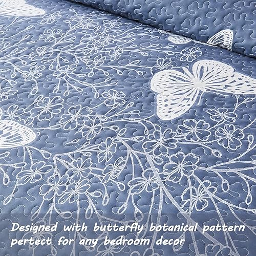 Miniatura 4 de Yogeneg Juego de edredón de tamaño matrimonial, juego de ropa de cama de 3 piezas con patrón botánico de mariposa blanca y gris rubor, colcha de