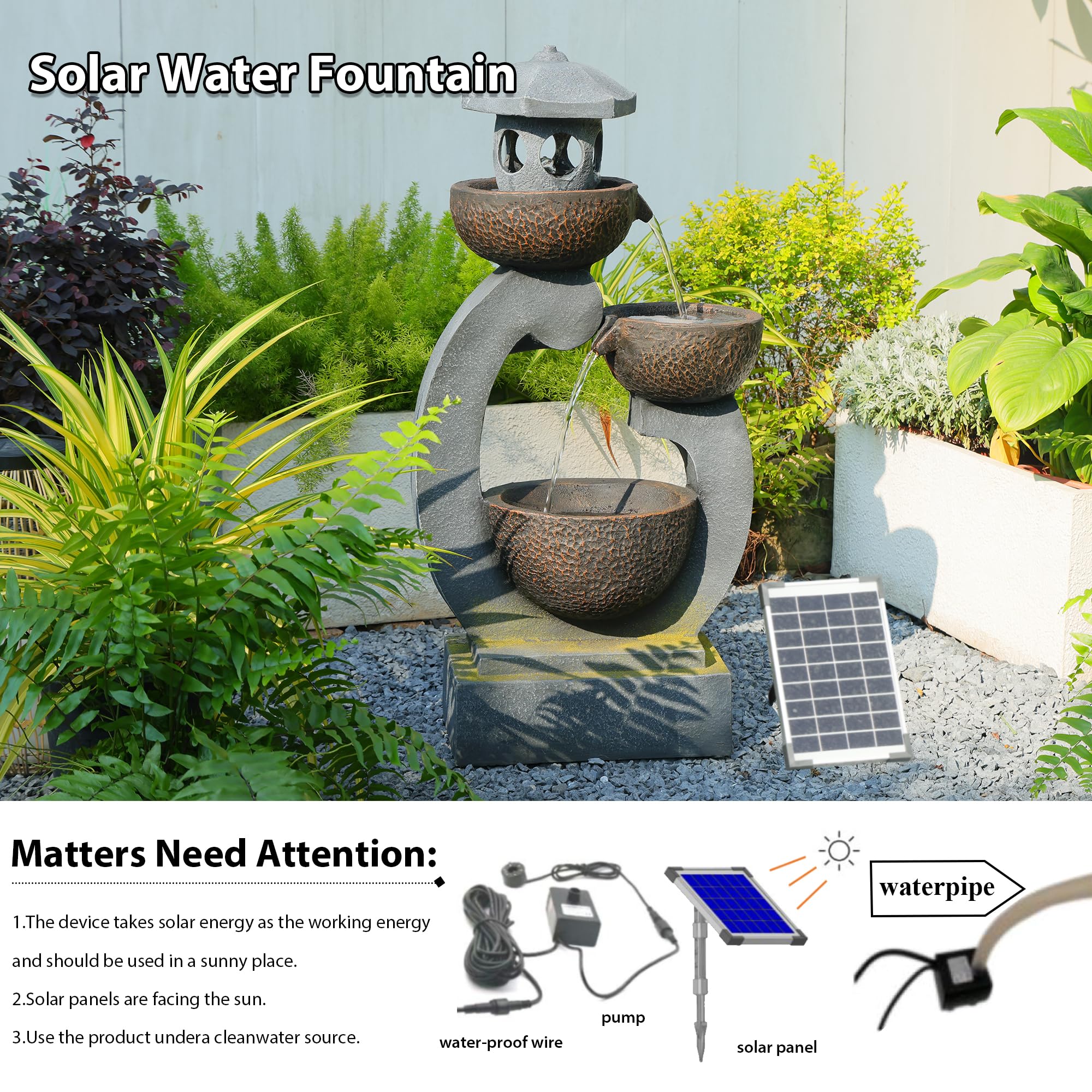 Bumilgar Springbrunnen Solar Gartenbrunnen für Außen mit LED Beleuchtung Zimmerbrunnen Kaskade Brunnen Wasserspiel Wasserfall Brunnen für Garten,Balkon,Terrasse, 89.5x45x27 cm