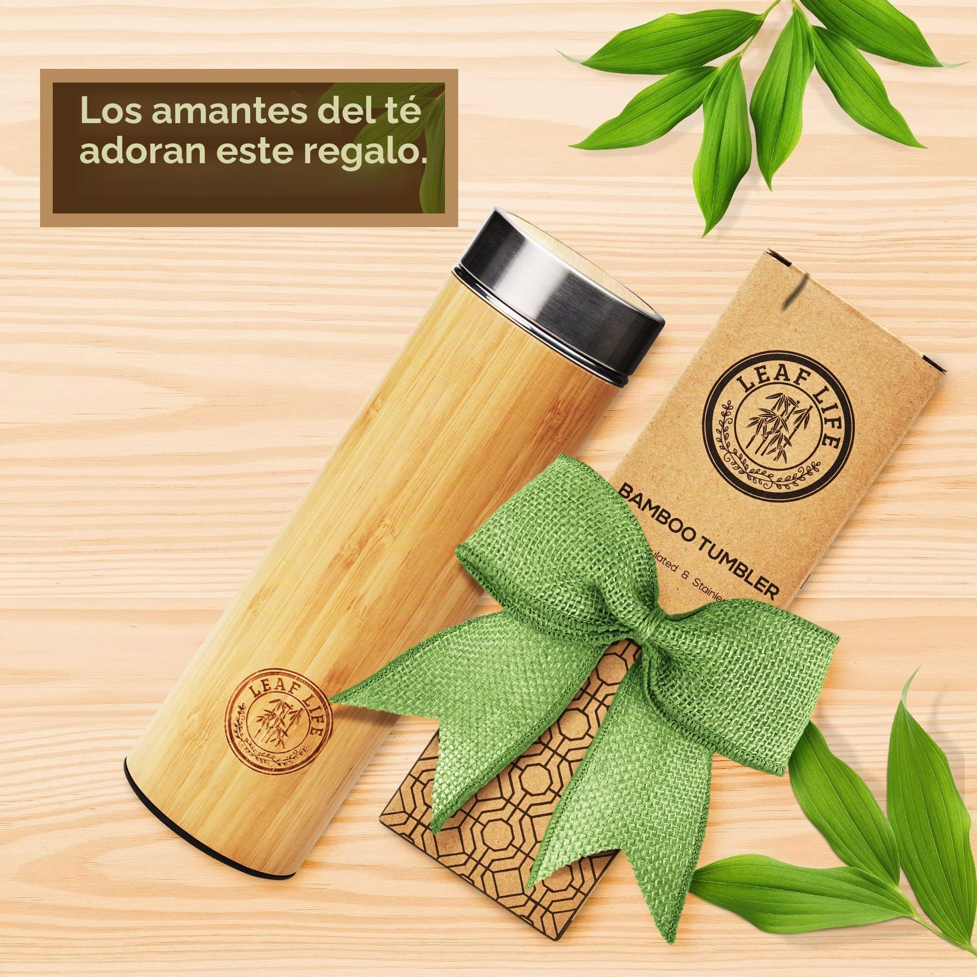 LeafLife Botella Térmica de Bambú con Colador e Infusor de Té 650 ml - Mantiene el Calor y el Frío Durante 12 Horas -Botella de Acero Inoxidable con Aislante al Vacío, Termo Café y Té en Hojas