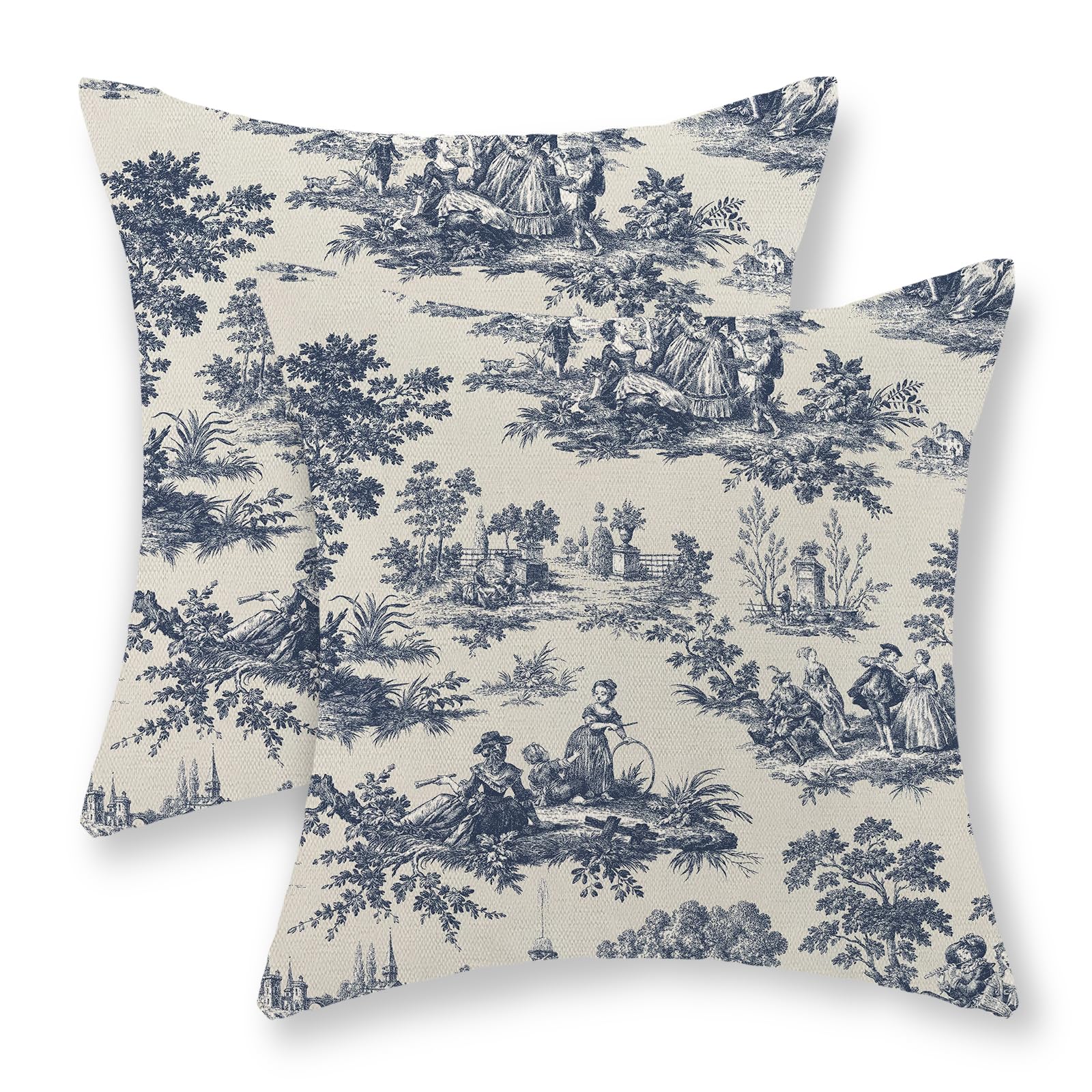 GOLIANDA French Country Pillow Covers 20x20 Set of 2 Vintage Toile Blue Throw Pillows French Country Decor Outdoor Pillowcase Rustic Cottage Linen Decorative Farmhouse Cushion Case for Couch Bed Sofa — image 1