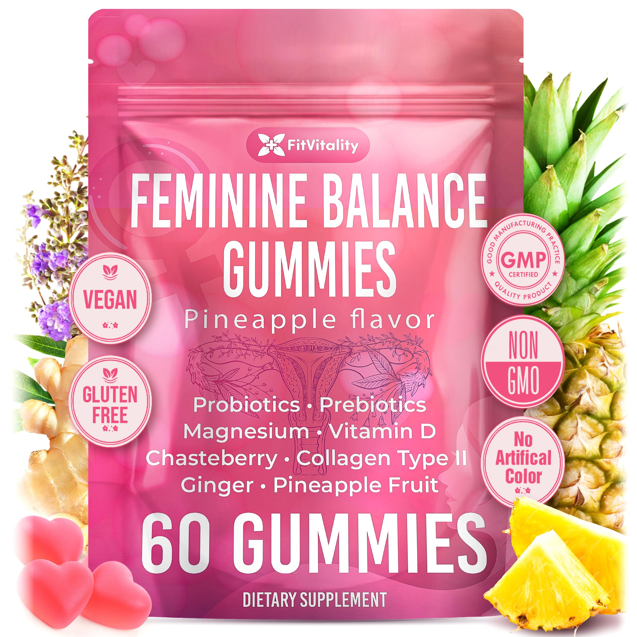 60 Feminine Balance Gummies – Probiotics, Collagen, Chasteberry, Mg Feminine Balance Gummies 60 Count (Pack of 1)