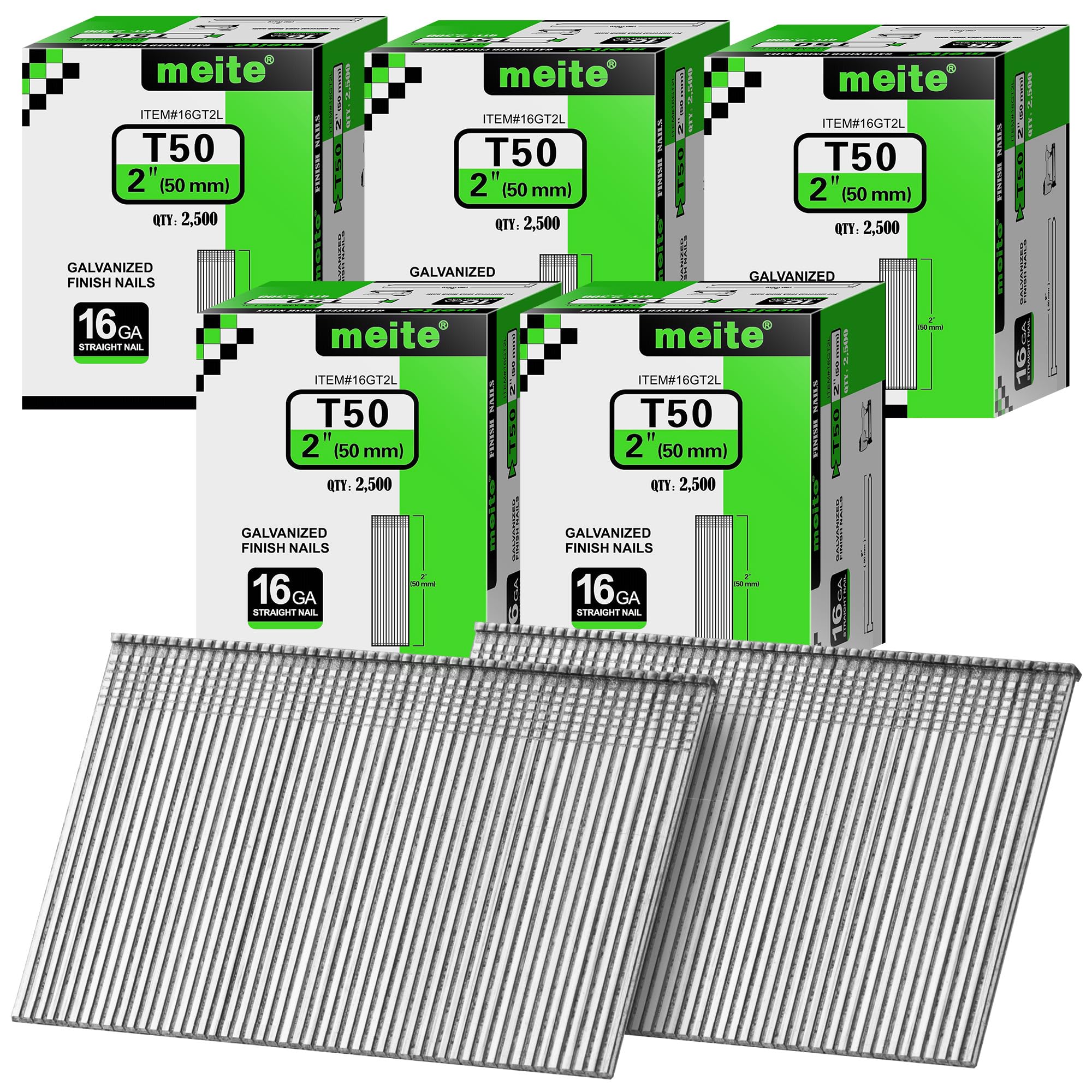 meite 16 Gauge Finish Nails 2-1/4 Inch Galvanized Straight T-Nail 12,500PCS
