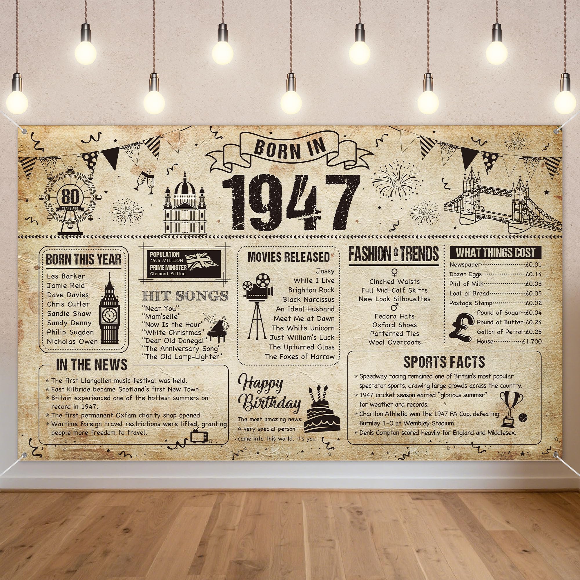 Benjia 80th Birthday Banner Decorations for Men Women, Born in 1947 UK Background Happy 80 Years Old Birthday Backdrop, Cheers to 80 Years Banners Vintage Poster Bday Gift Home Decor Party Supplies