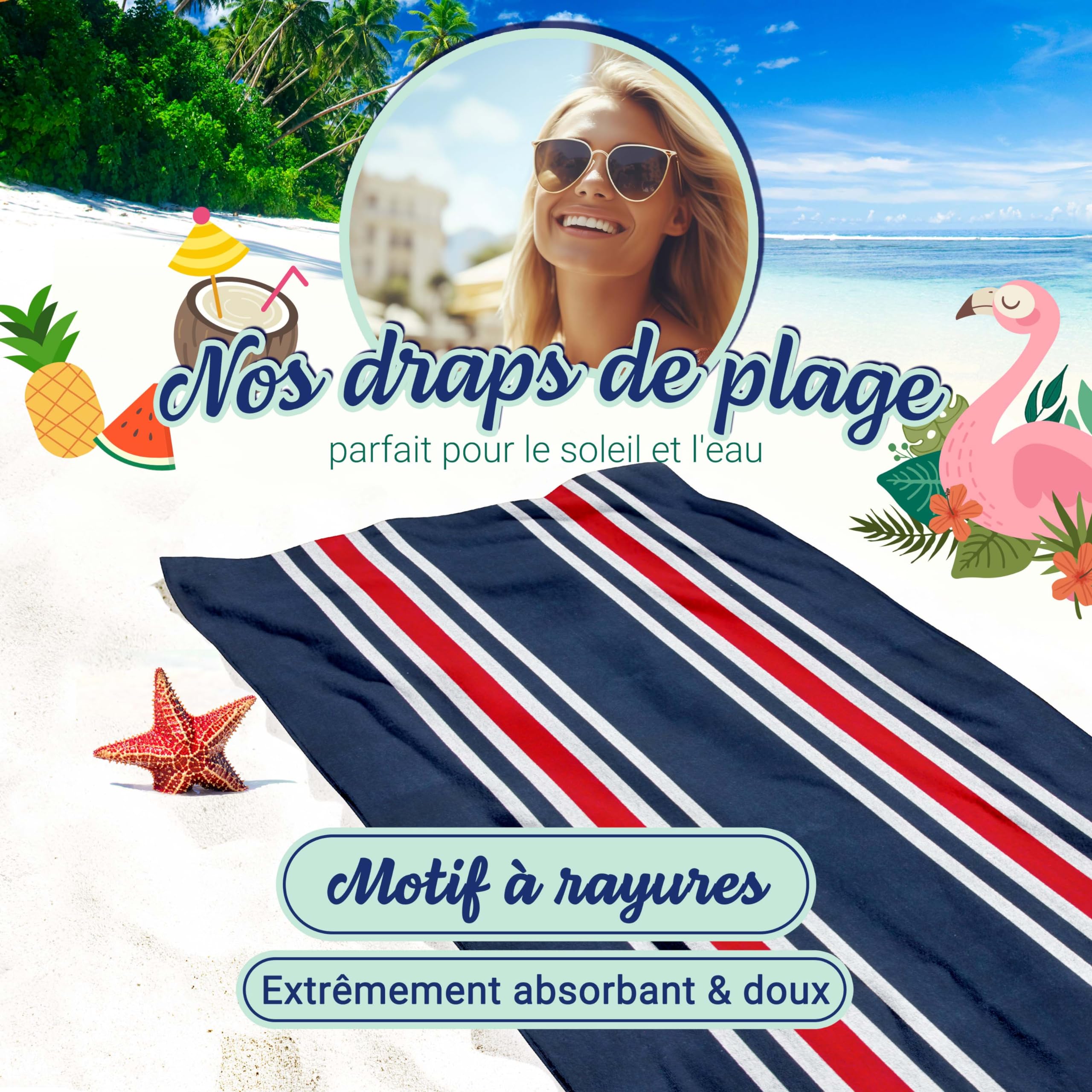 ZOLLNER Serviette de Plage, 100x200 cm, Drap de Plage, Bleu Rouge, Coton