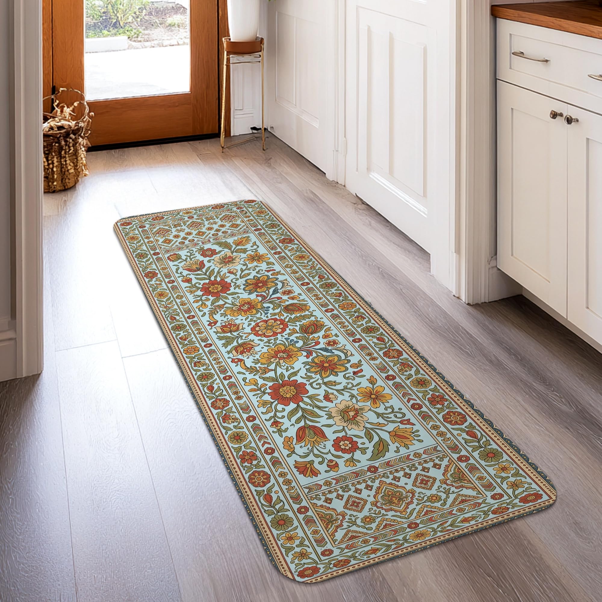 Tapis de couloir floral vintage turquoise 0,6x1,5m pour entrée et cuisine
