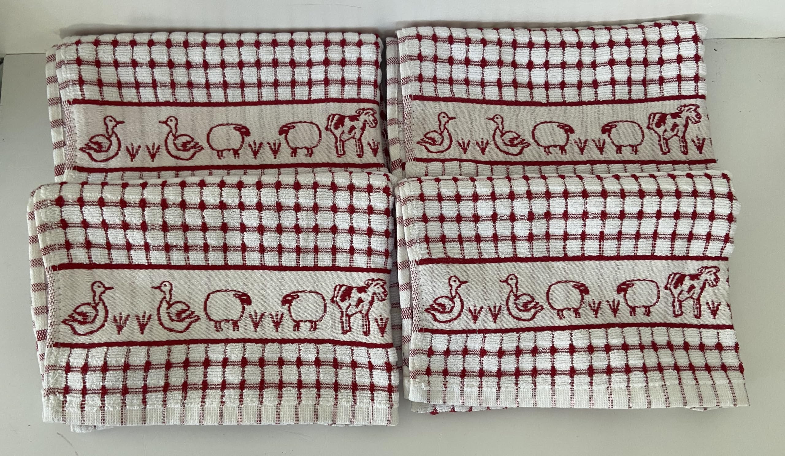 Riggs Red 100% Cotton Terry Check 4 Pack Farmyard Animal Design Kitchen Hand Tea Towels In & White 50Cm X 70Cm