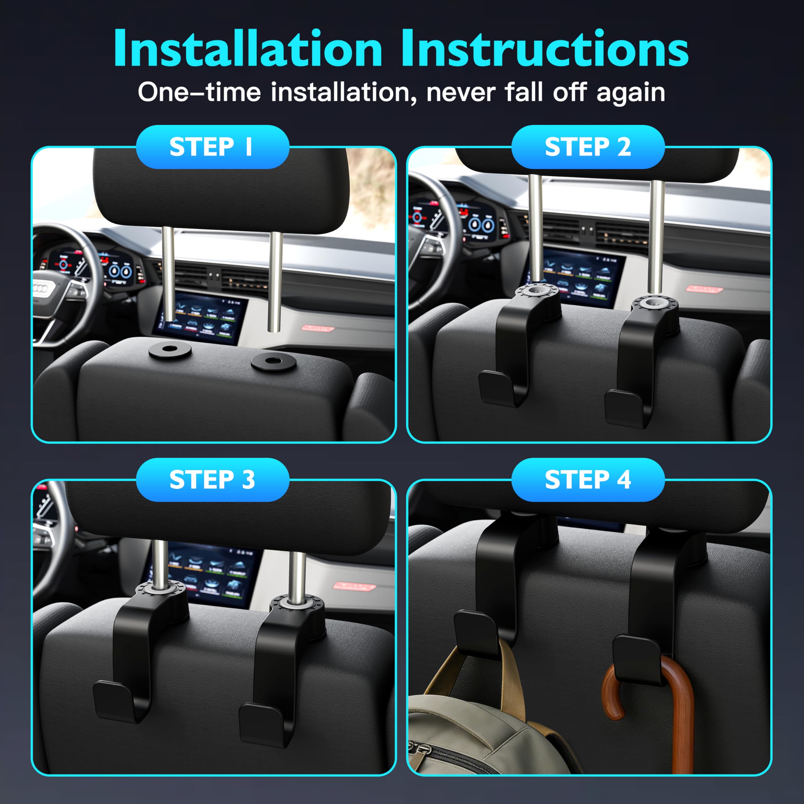 Amooca Ganchos para asiento de coche, anticaídas, para reposacabezas, organizador automotriz de ajuste universal para bolso, abrigo, paquete de 2