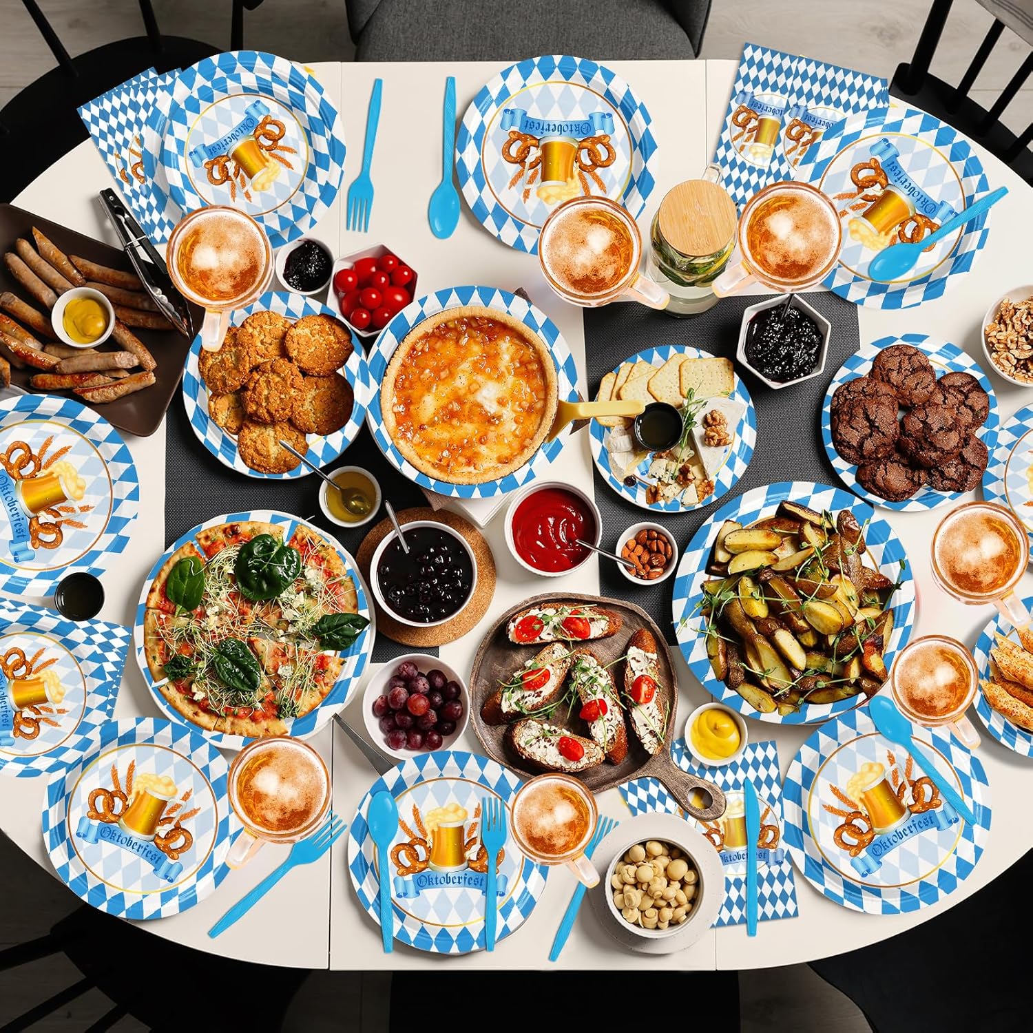 Oktoberfest Party Plates and Napkins Set Serve 50, Bavarian Oktoberfest Party Supplies Decorations, Disposable Blue and White Flag Check Paper Plates Napkins Cups for German Beer Festival Party