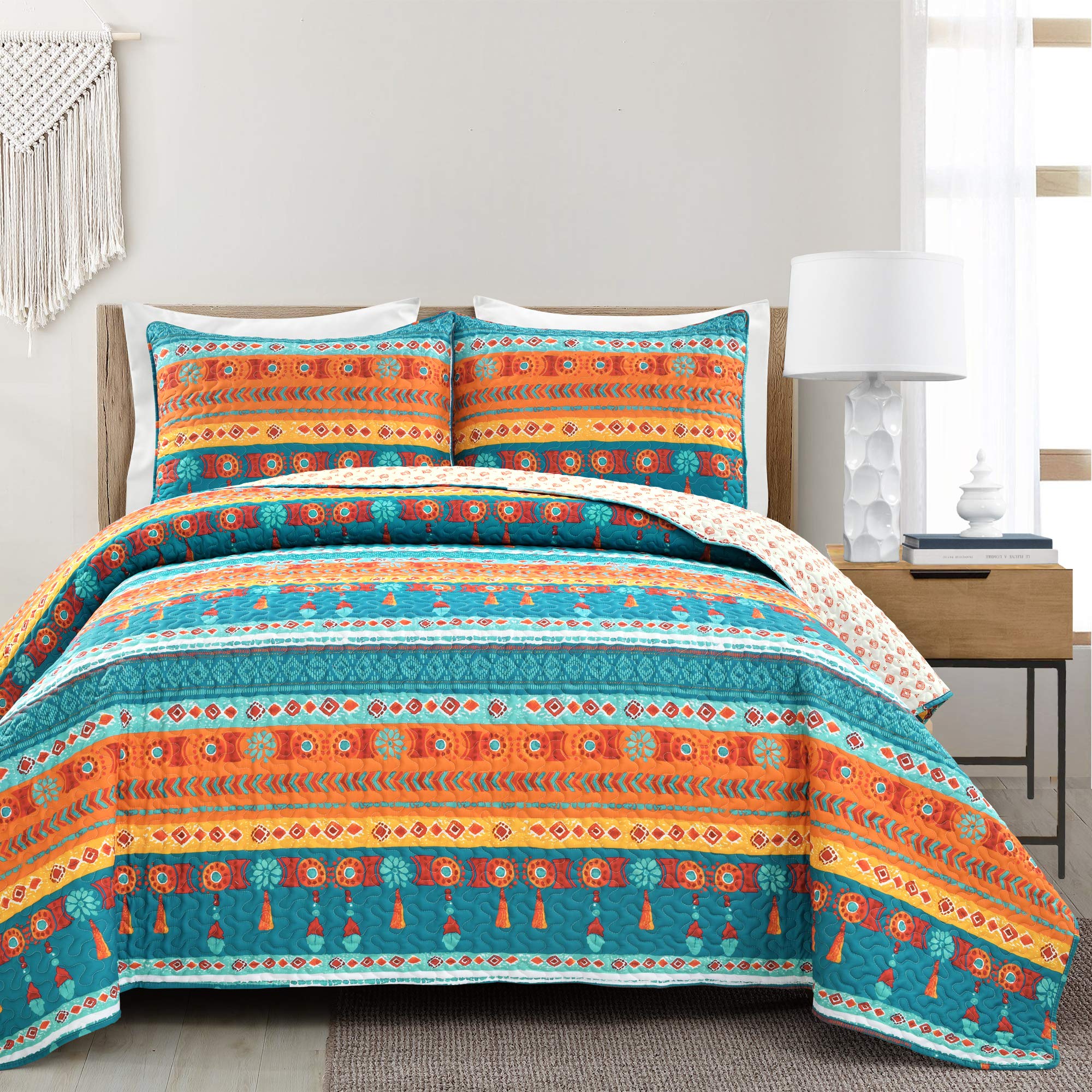 Lush Decor Boho Watercolor Border 3 Piece Quilt Set, King, Turquoise
