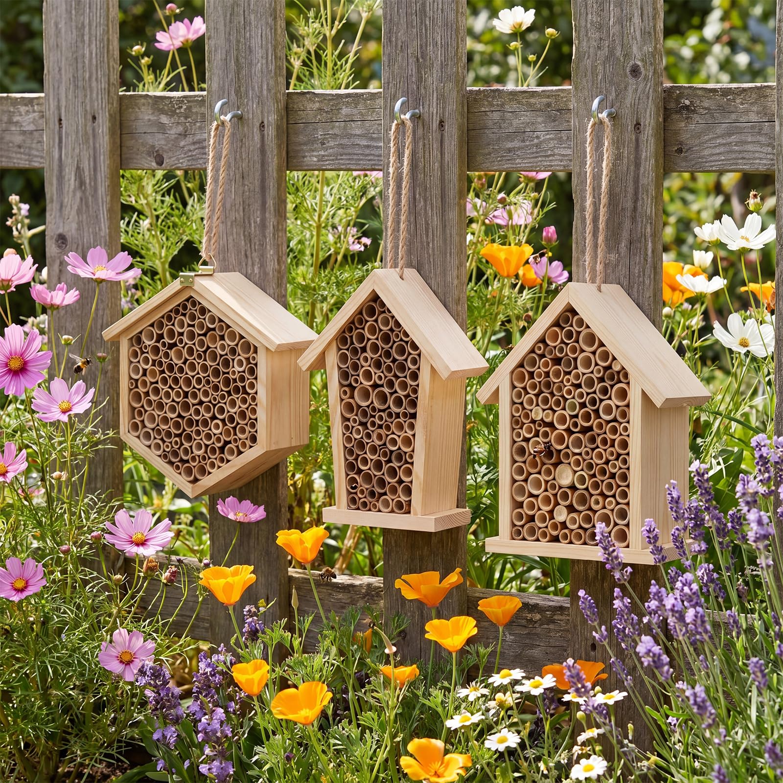 Marsui Mauerbienenhaus, Holz, handgefertigt, Bienenhotel, Outdoor, Bestäubung, Insektenbox, Lebensraum mit Röhren für Gartendekoration, 3 Stück