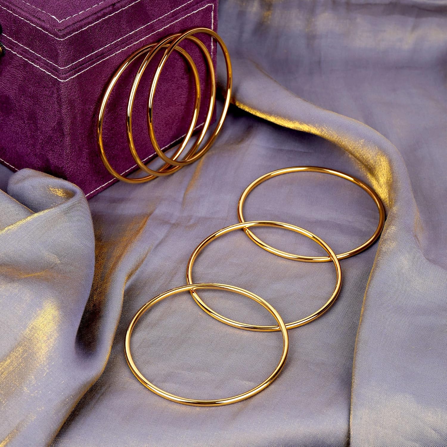 Linkidea Plus Size Bangle Bracelets Set for Women, Set of 6 Stainless Steel Extra Large Round Golden Bangles Fashion Accessories, 9.8 Inches (XXL)