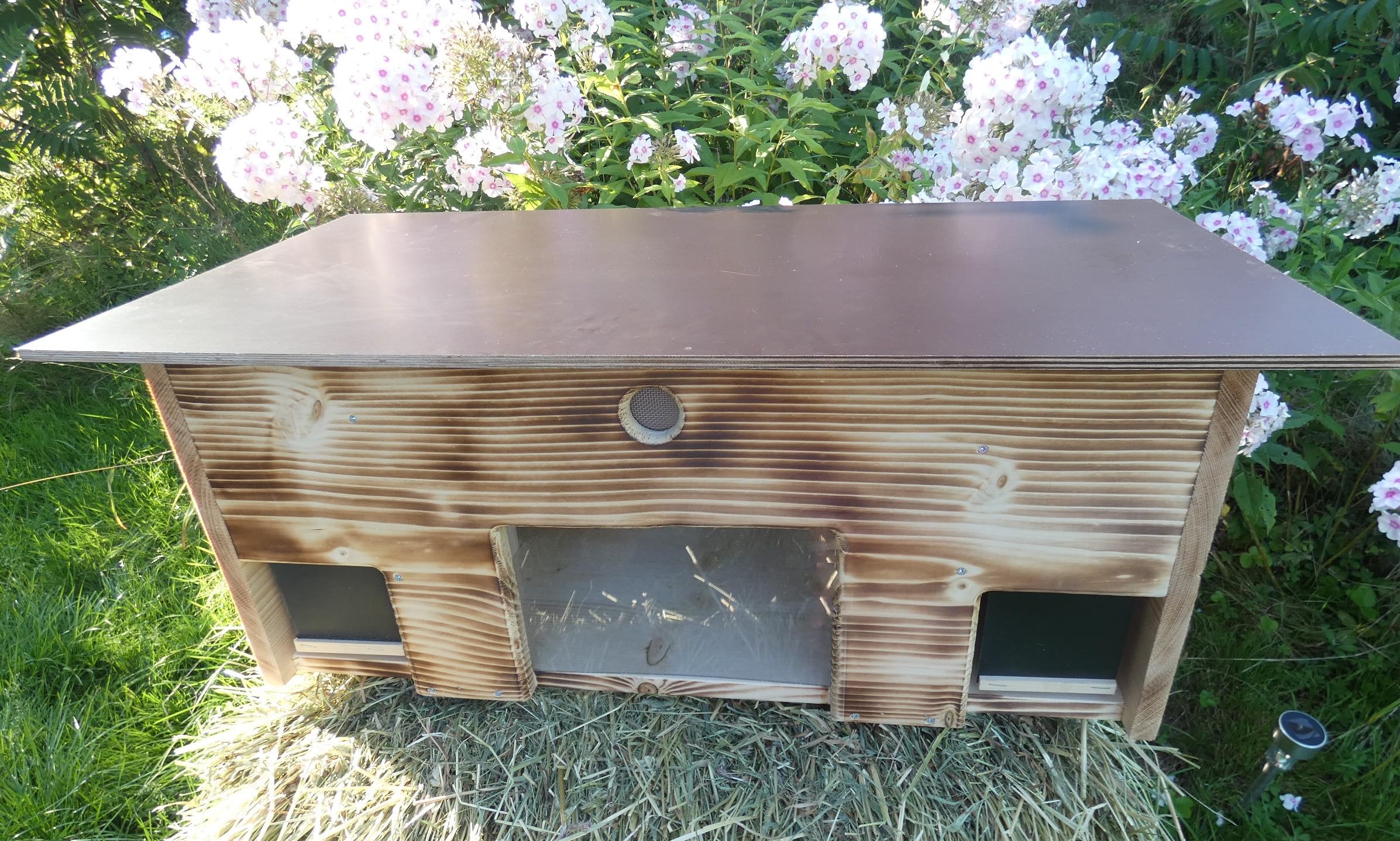 Igelfutterhaus mit Beobachtungsfenster 80cm x 40cm x 32cm Igelhotel 18mm Vollholz Witterungsbeständig Labyrintheingang easytouch-Rattenklappe (Edel geflammt, Mit Beobachtungsfenster ohne Boden)