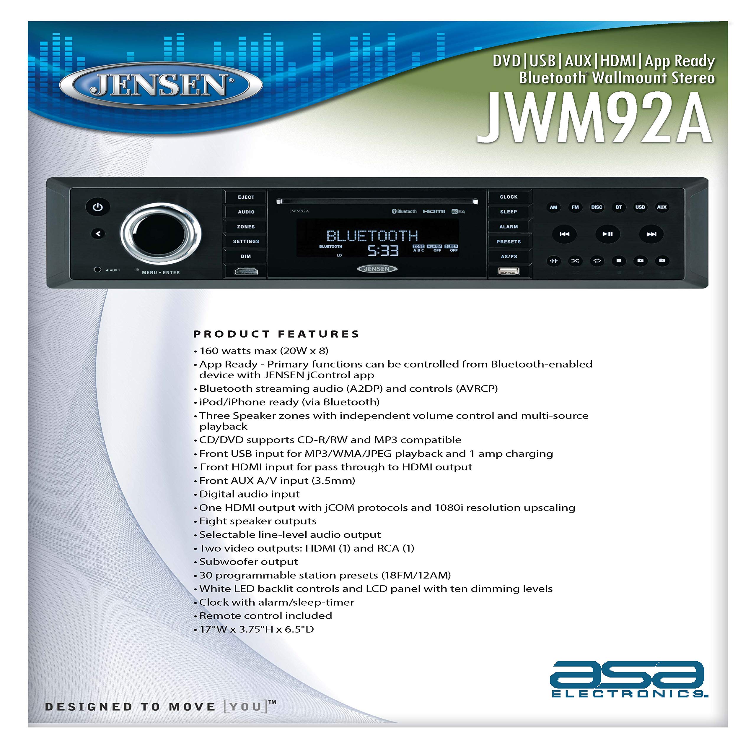 Jensen JWM92A 3-Speaker Zones Slimline Theater-Style DVD|USB|AUX|HDMI|App Ready Bluetooth Wallmount Stereo, Speaker Output 20X 8 Watt, Plays: CD/CD-R/CD-RW/DVD/DVD+R/DVD+RW/DVD-R/DVD-RW/MP3/WMA/JPEG