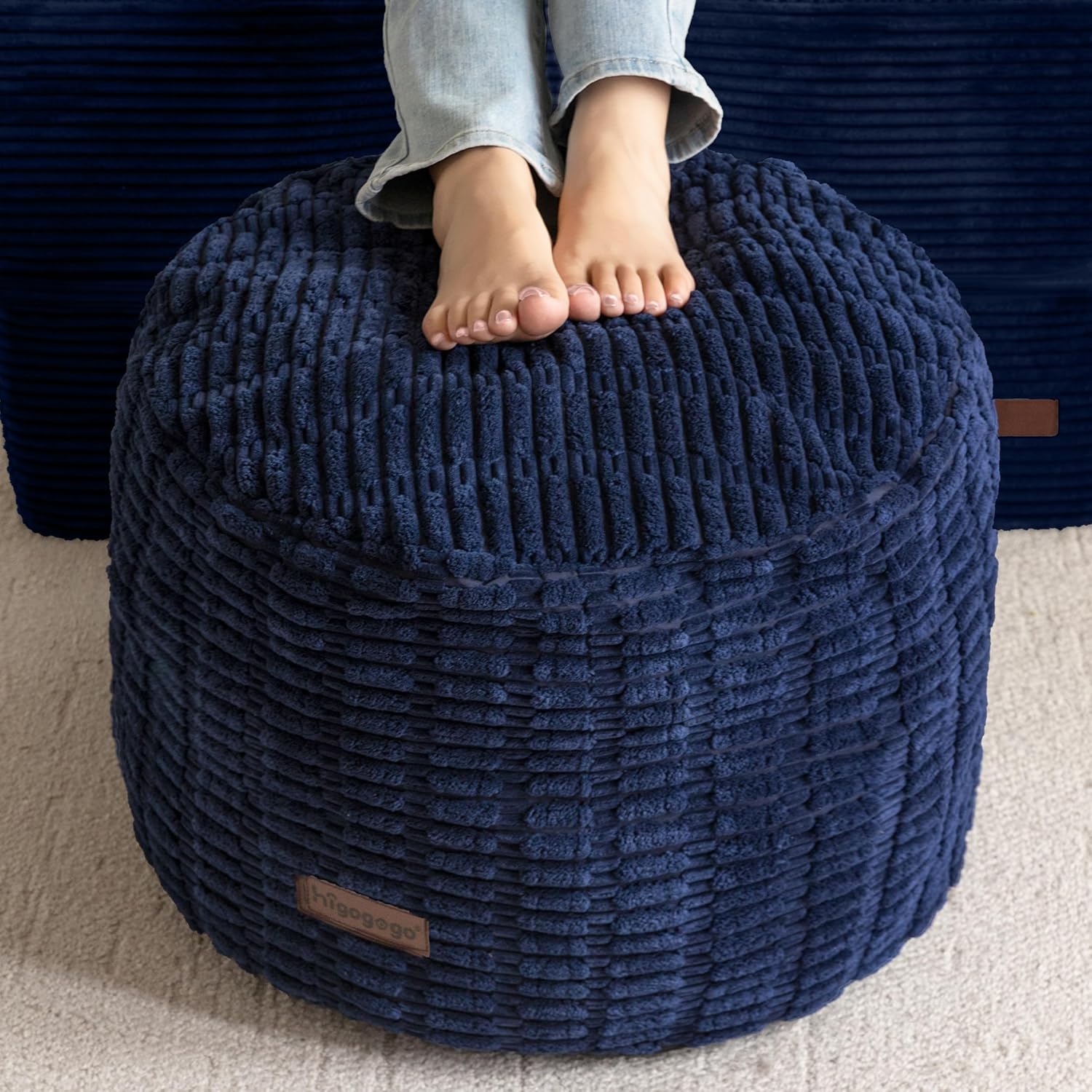 HIGOGOGO Pouf Ottoman Stuffed Round Modern Foam Filled Foot Rest Poufs for Living Room Chair Decorative 20 X 15 Inches Boho Relax Stool for Wedding Christmas Party, Navy Blue