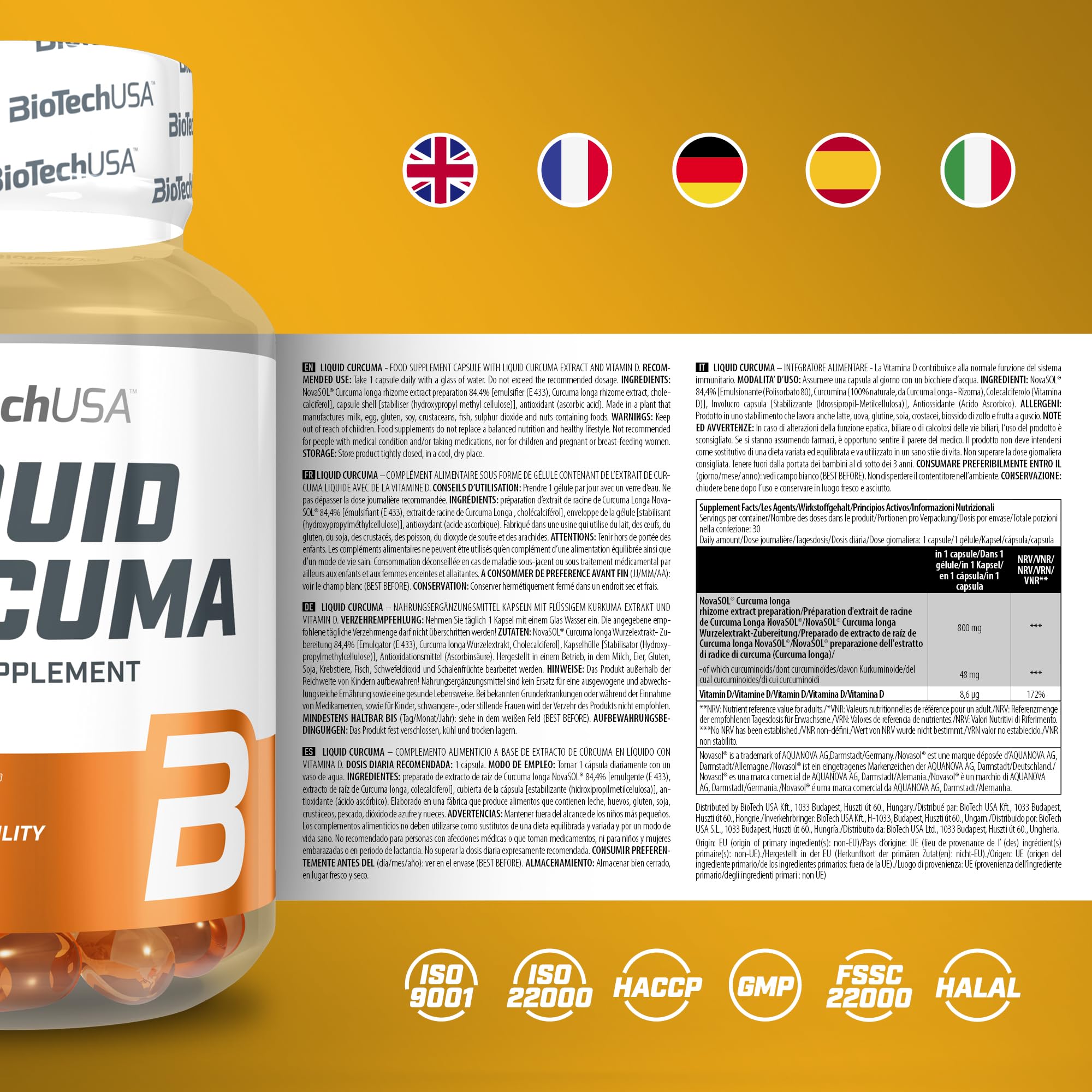 BioTechUSA Liquid Curcuma - Extracto líquido de curcumina de alta biodisponibilidad con vitamina D, 30 cápsulas