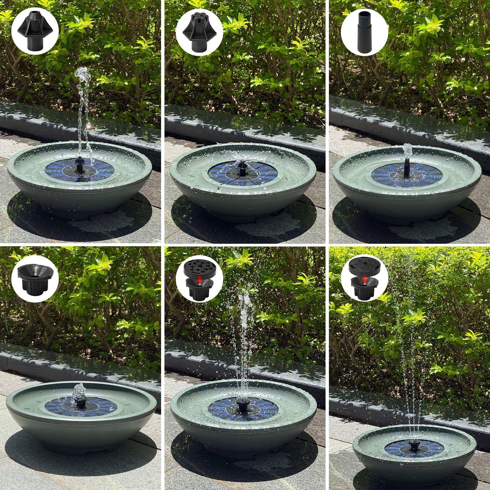 Fuente solar para pájaros para exteriores, 12.5 pulgadas, fuente verde para pájaros con 6 boquillas, cuenco independiente para jugar pájaros para jardín, patio, balcón, decoración de