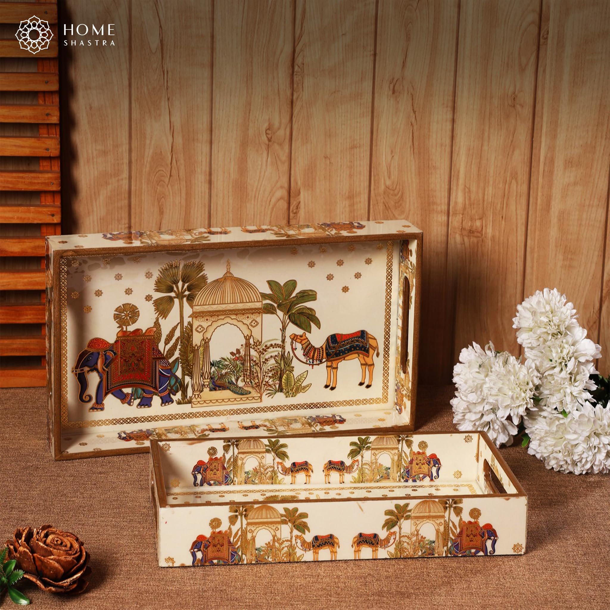 Bandeja de madera para servir con grabado dorado | Juego de 2 | Tamaño: 14 x 8 pulgadas y 12 x 6 pulgadas | Revestimiento esmaltado impermeable | Rectangular | Bandejas decorativas |