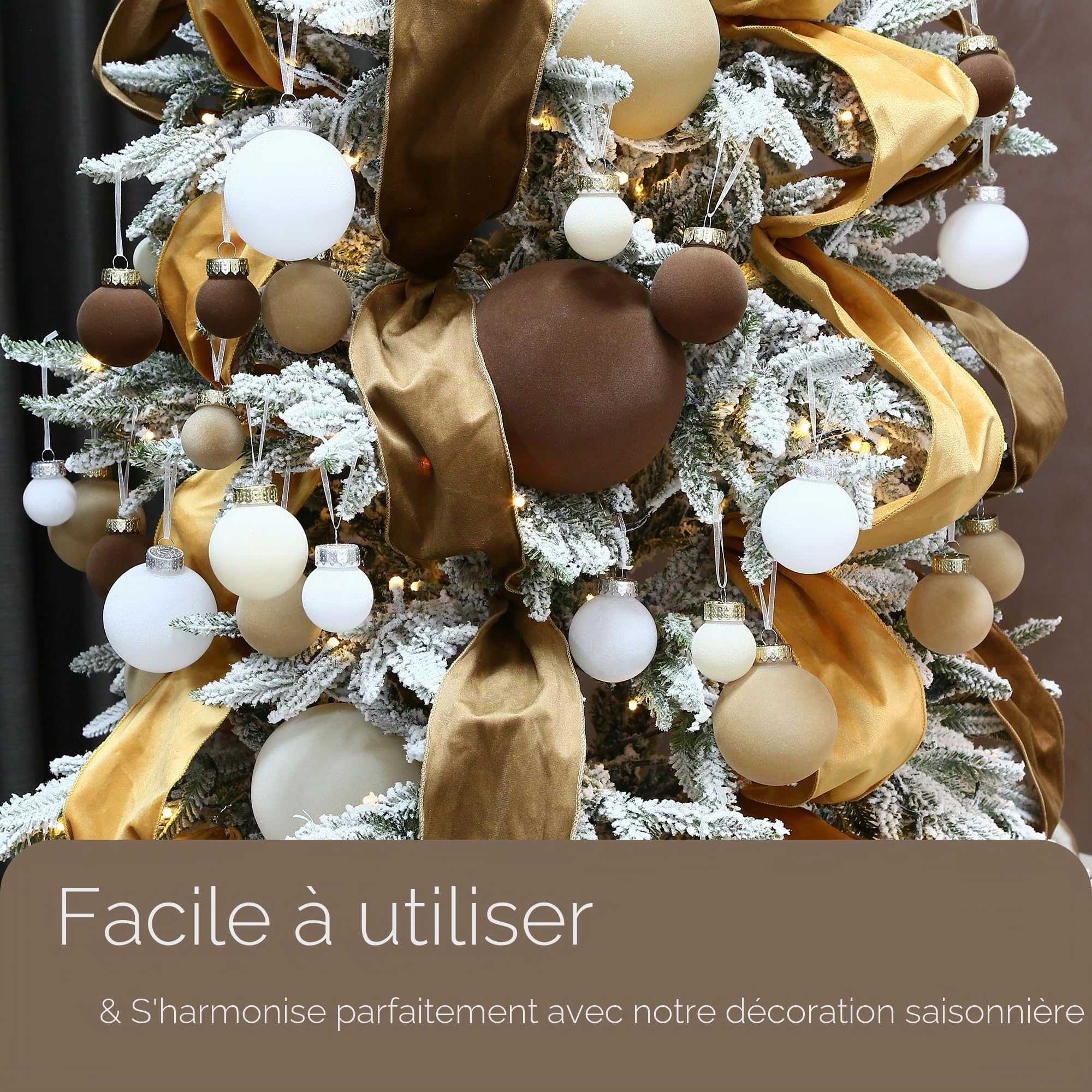 Sea Team 32 Boules Noël Velours incassables multitaille crème | Boules en velours floqué incassable, parfaites pour sapin, couronne, guirlande. Idéales pour Noël, mariage, fête.