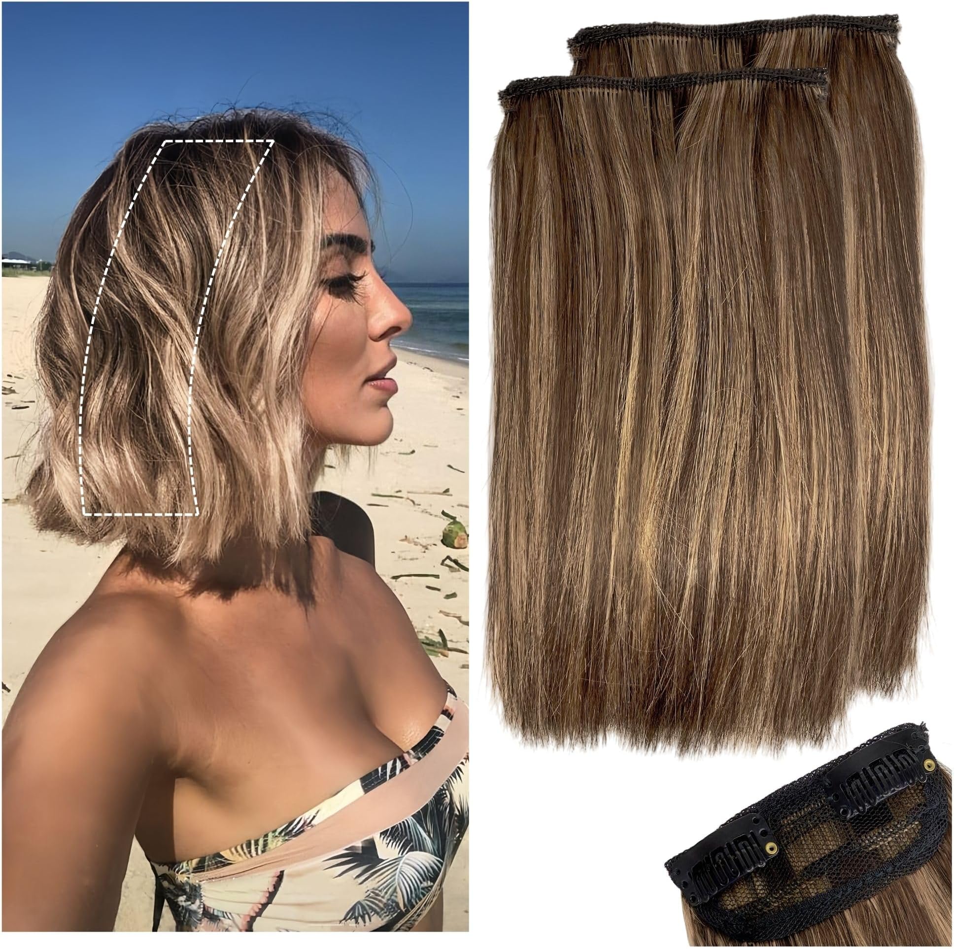 2 Pcs Short Hair Extensions, Clip in Extensions Human Hair for Women Adding Volume 8 Inch Medium Brown and Honey Blonde