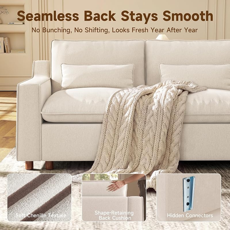 Ihanherry 134" Modular Sectional Sofa, V Shaped 5 Seater Chenille Cloud Couch with Deep Seat and Seamless Backrest, Couches for Living Room, White image 4