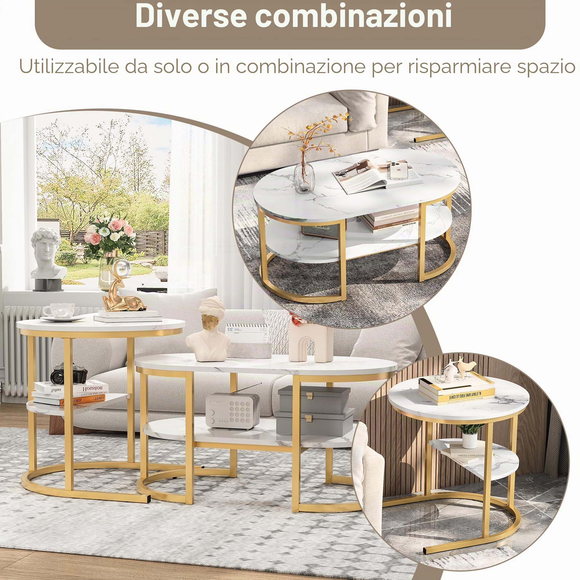 Set di 2 tavolini ovali, set di 2 tavolini 2 in 1 con spazio di archiviazione, tavolino in marmo effetto tavolino da salotto per soggiorno, balcone e ufficio (ovale, bianco + oro)