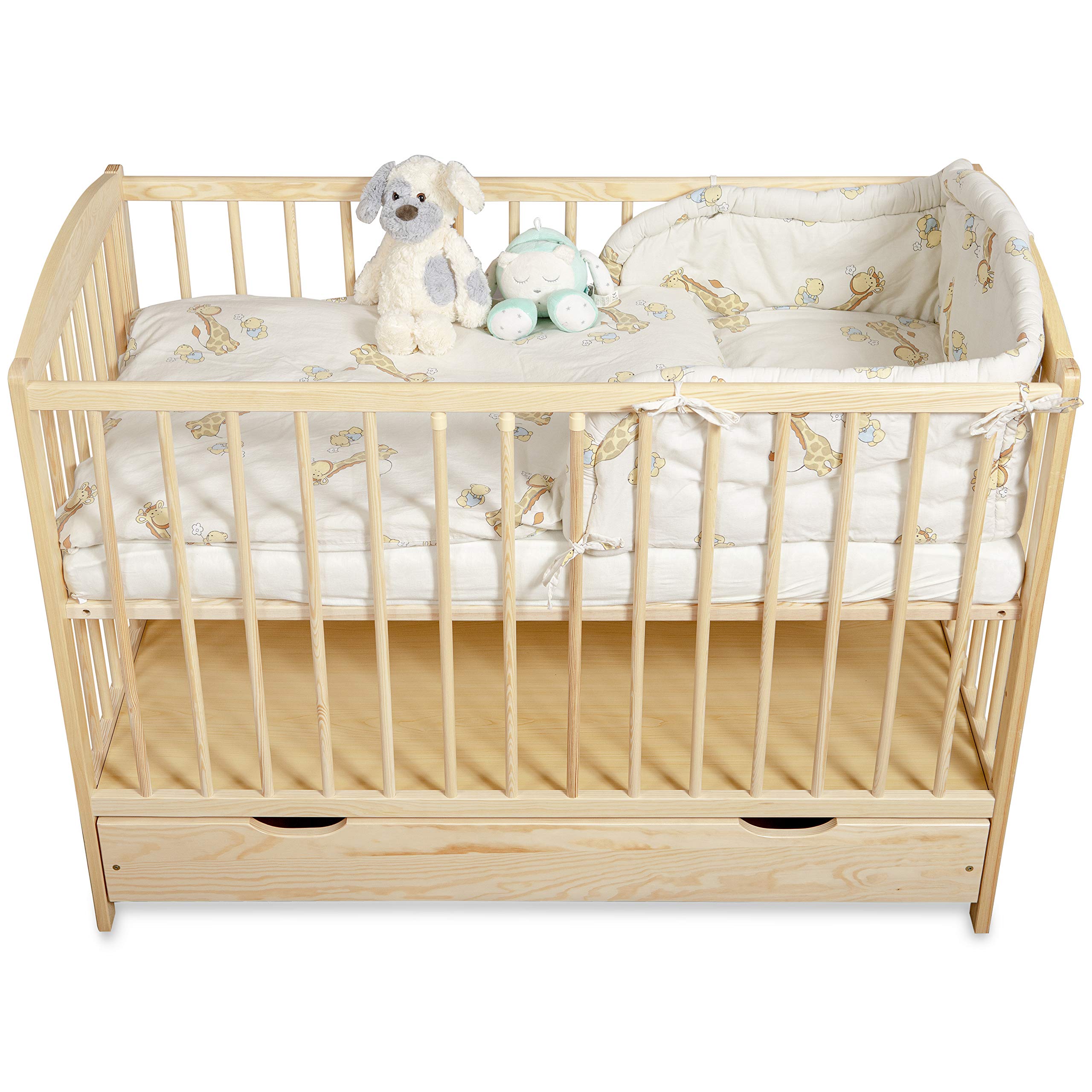 moto-MOLTICO Kinderbett Babybett 60x120 cm – Gitterbett mit Schublade, Höhenverstellbarem Lattenrost und Schlupfsprossen, Umbaubar zum Juniorbett