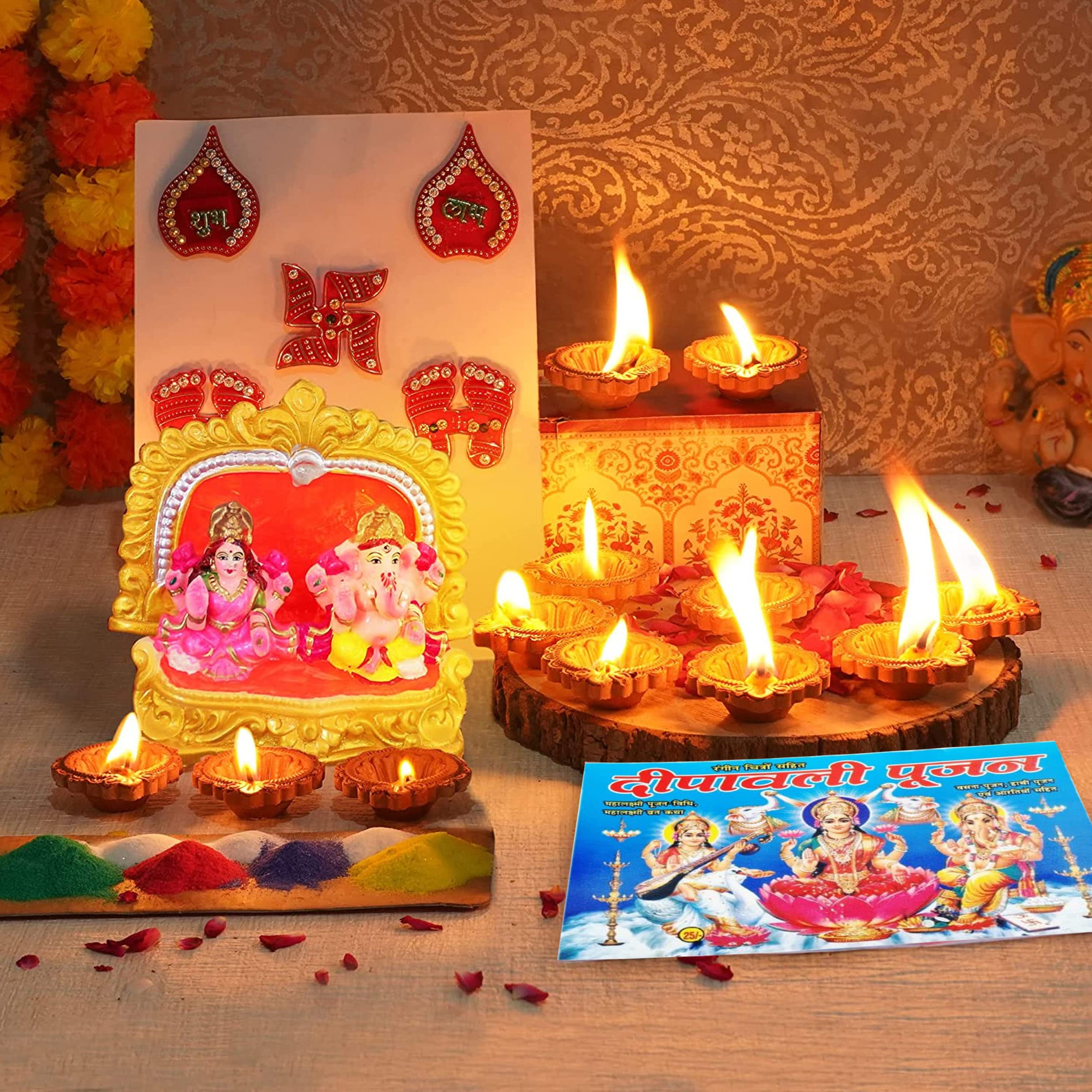 TIED RIBBONS Laxmi Ganesh Statue, Diwali Diya Set 12 and Rangoli, Pooja Book, Charan Paduka Stickers Lakshmi Ganesha Clay Idol for Pooja Mandir Temple - Diwali Decorations for House and Diwali Gifts