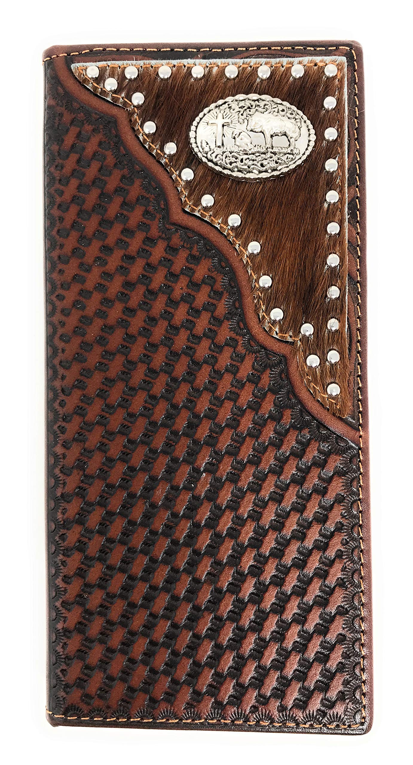 Texas West Western Men's Basketweave Genuine Leather Praying Cowboy Long Cowhide Stud Bifold Wallet (Coffee)