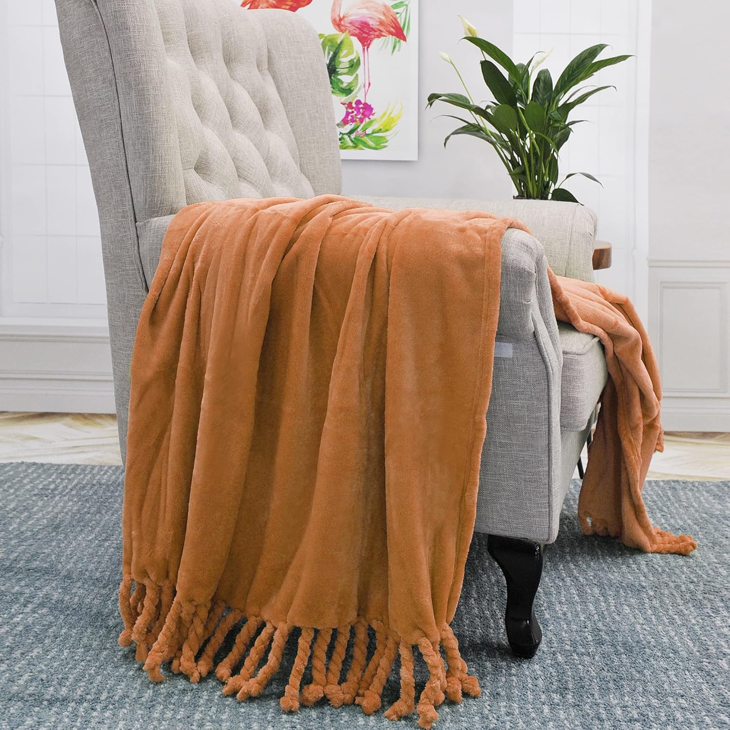 Throw Blankets Couch Cover Flannel Fleece Throw with Braided Rope Fringe Tassels, Plush Cozy Warm Soft Smooth Throw for Couch Sofa Bed Chair Home Décor, 50" x 60", Orange