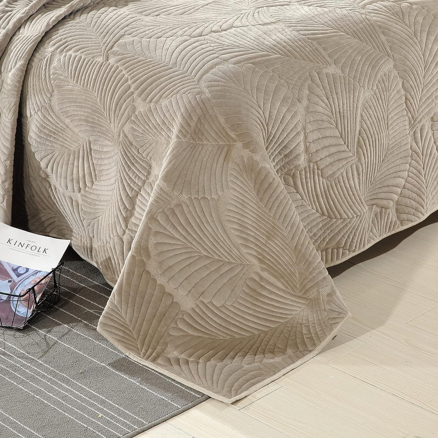 Beżowa pikowana narzuta, luksusowy aksamitny zestaw 3 narzut, pluszowa podwójna narzuta Lekki uniwersalny koc, 2 poszewki na poduszki,Beige,220X240CM