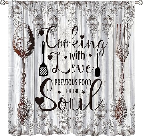 Cortinas rústicas de cocina, cuchara, tenedor, tablón, patrón retro, floral, para cocina, tratamiento de ventanas para sala de estar, cafetería, 42