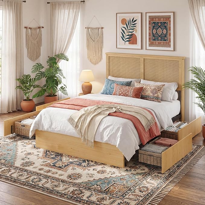 GAOMON Queen Size Rattan Bed Frame, Rattan Bed with LED Light & Natural Headboard, Boho, Storage Space Underneath, Sturdy Wooden Slats Support, No Box Spring Needed