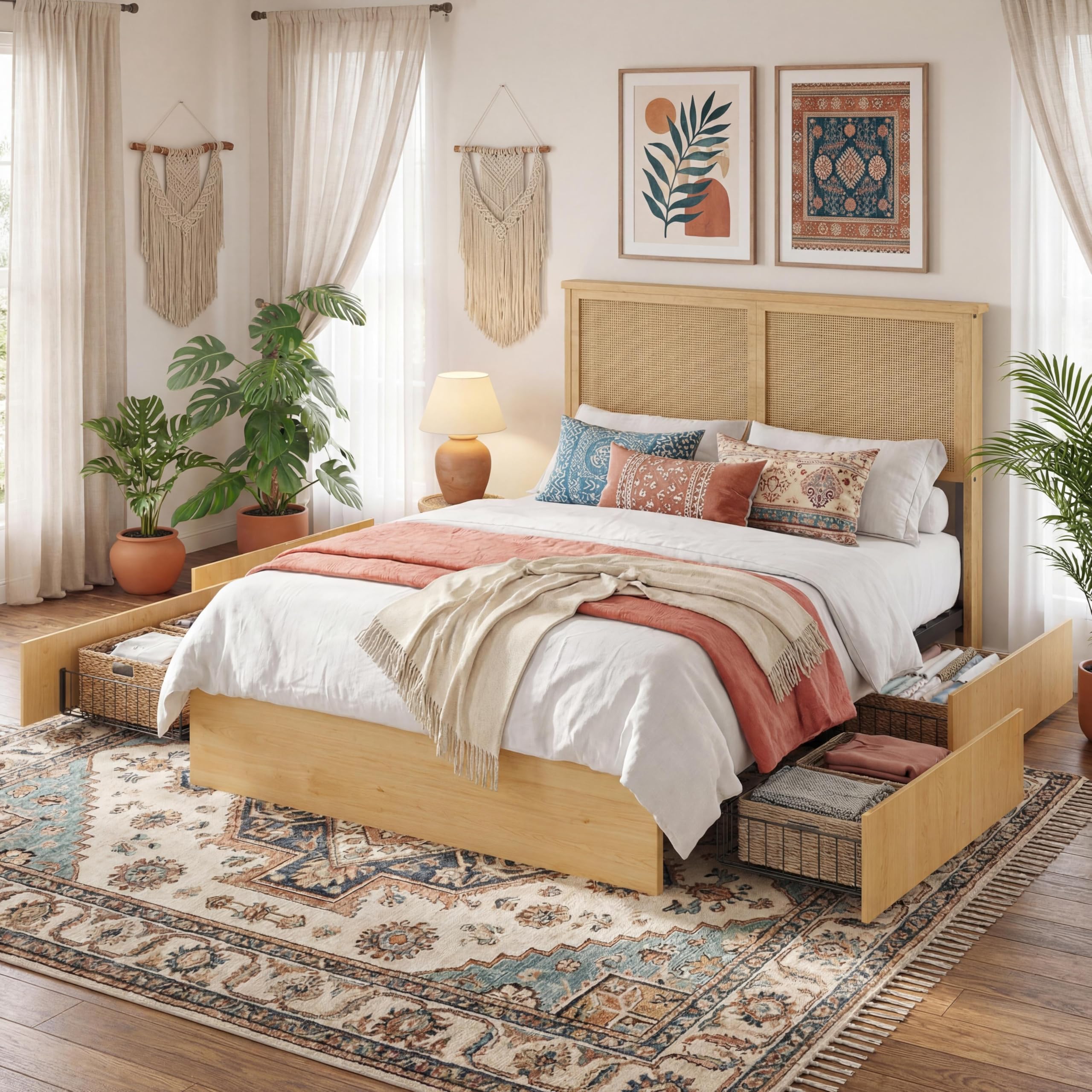 Photo 1 of ****UNKNOWN MISSING PIECES*** GAOMON Queen Size Bed Frame with 4 Storage Drawers and Rattan Headboard