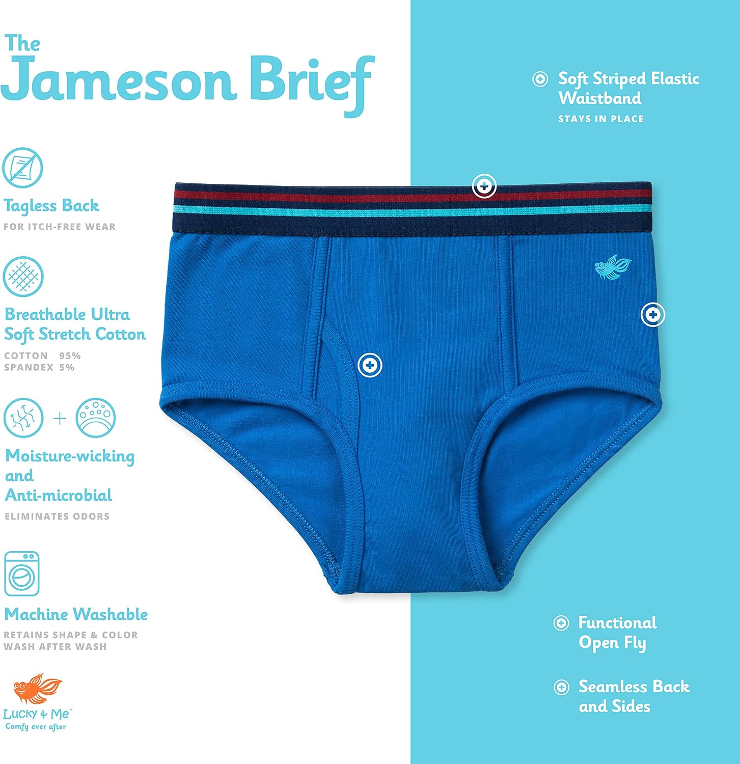 Lucky & Me | Jameson Performance Boys Brief | Children's Tagless Soft Cotton Underwear | 5 Pack