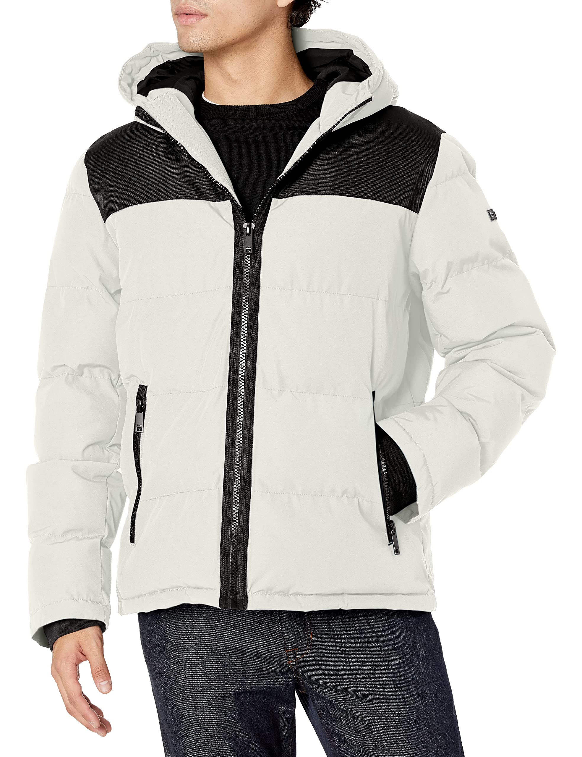 DKNY Men's Shawn Quilted Mixed Media Hooded Puffer Jacket, Ice, XSmall