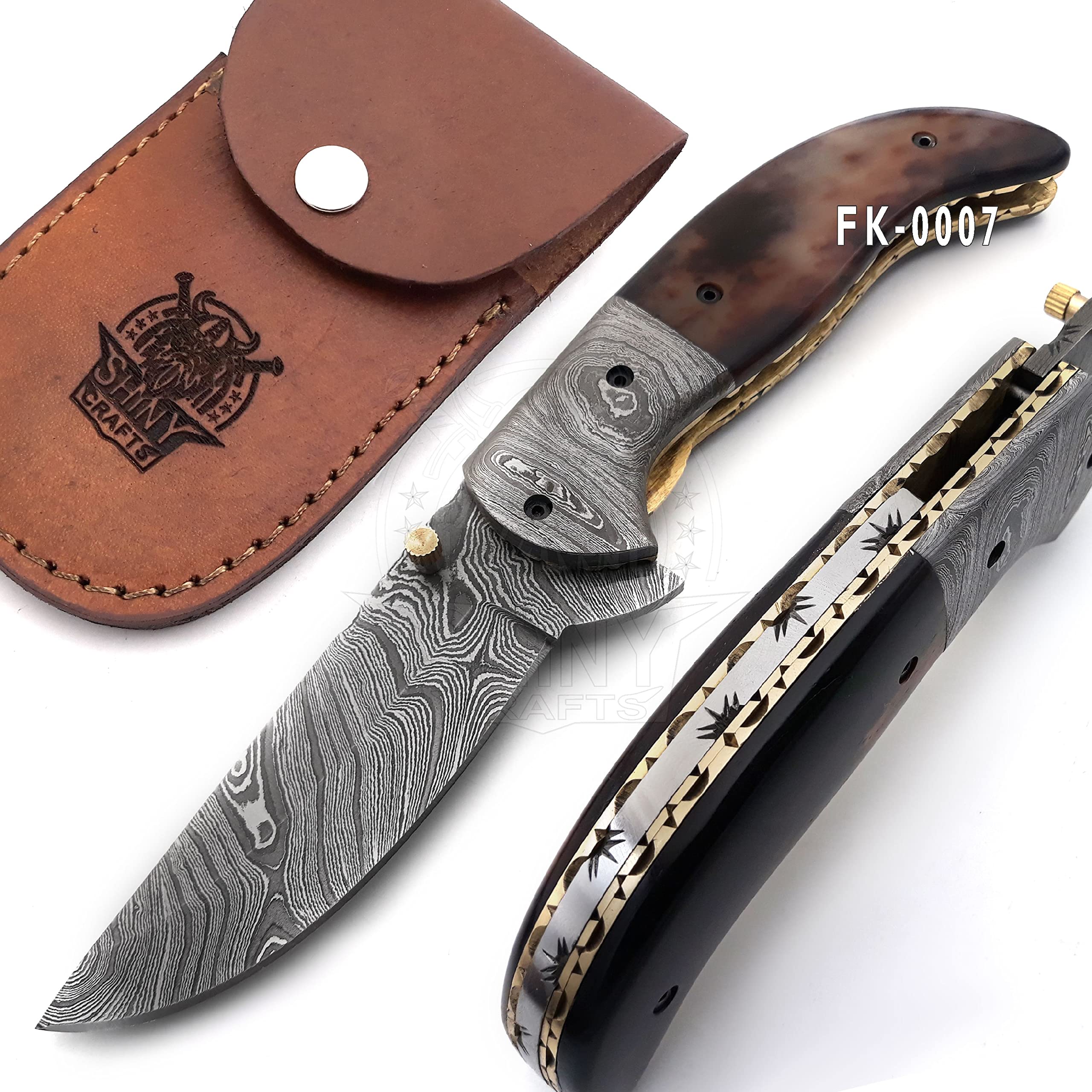 SHINY CRAFTS -Damascus Folding Knife Pocket Knives Hunting Knife Tactical Knife - Handmade Folding & Pocket Knives with liner lock Premium Leather Sheath (FK 07)