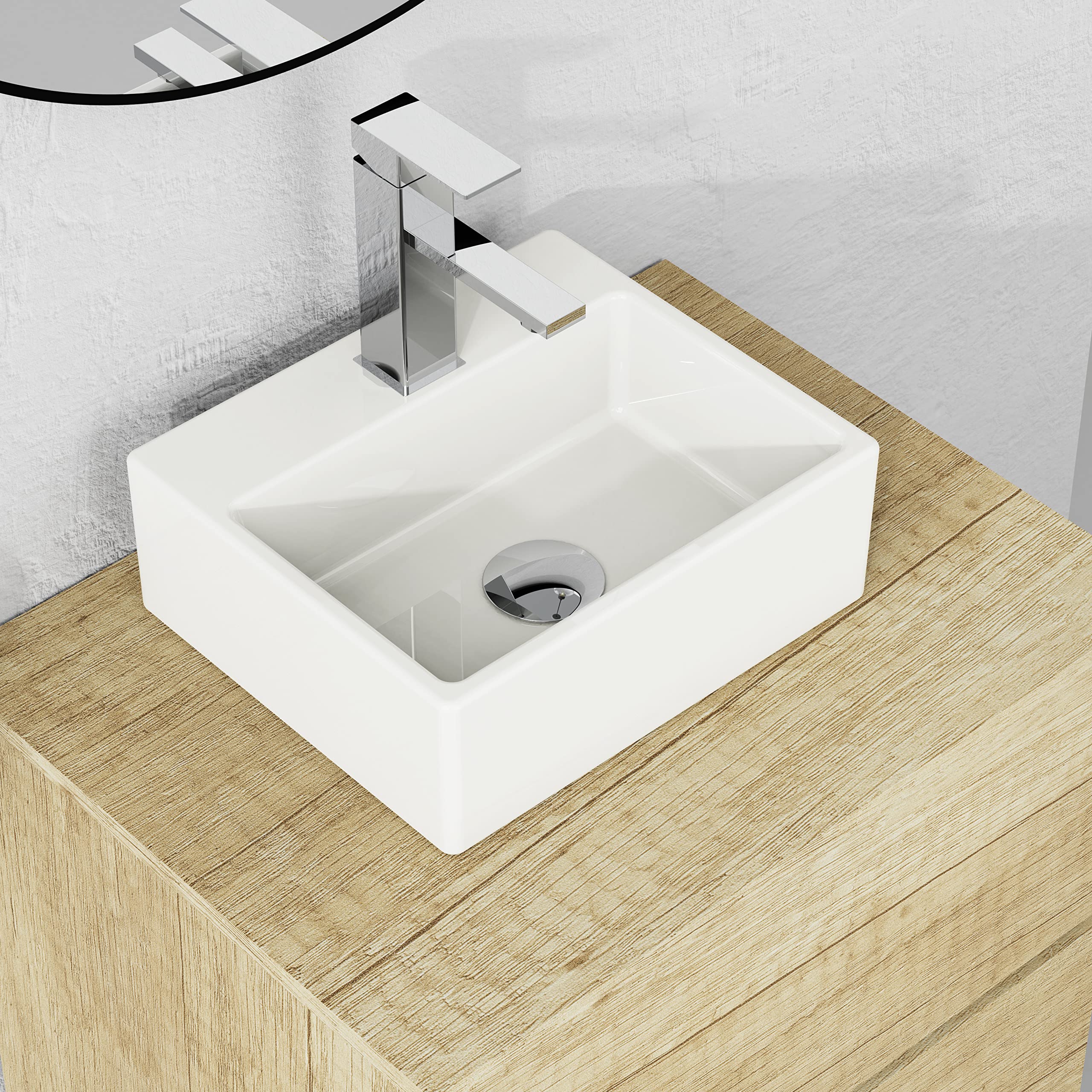 BAIKAL Pack solución para baño con lavabo y complementos. Incluye: lavabo cerámico, Grifo, Sifón extensible y Válvula de desagüe con rebosadero. Fácil instalación, se incluyen las instrucciones