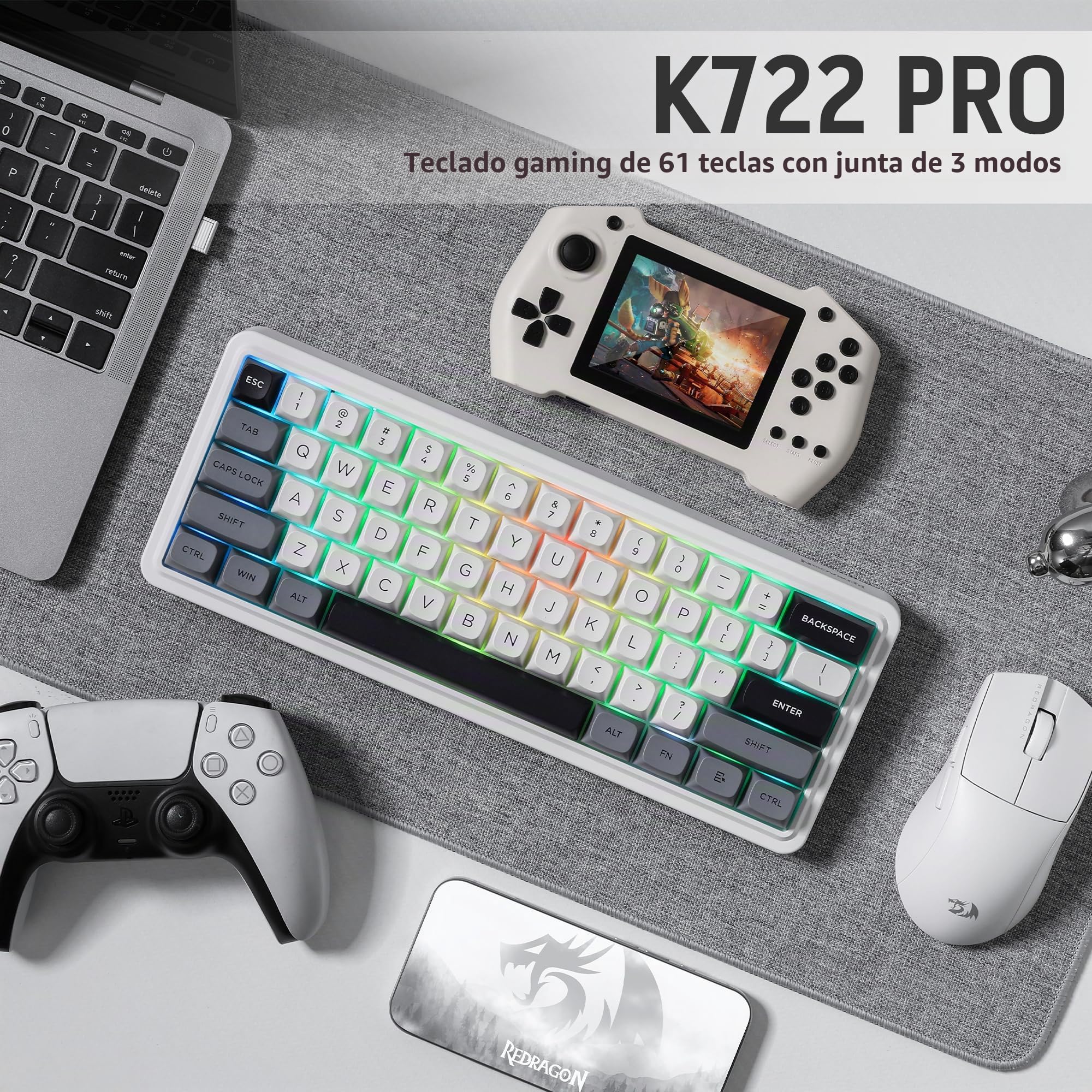 Redragon K722 Pro Teclado Gaming RGB Gasket 60% Inalámbrico Hot Swap | Base Free-Mod Compacto Mecánico 5 Capas Amortiguación Ruido Tapas Teclas Redondas PBT US Layout