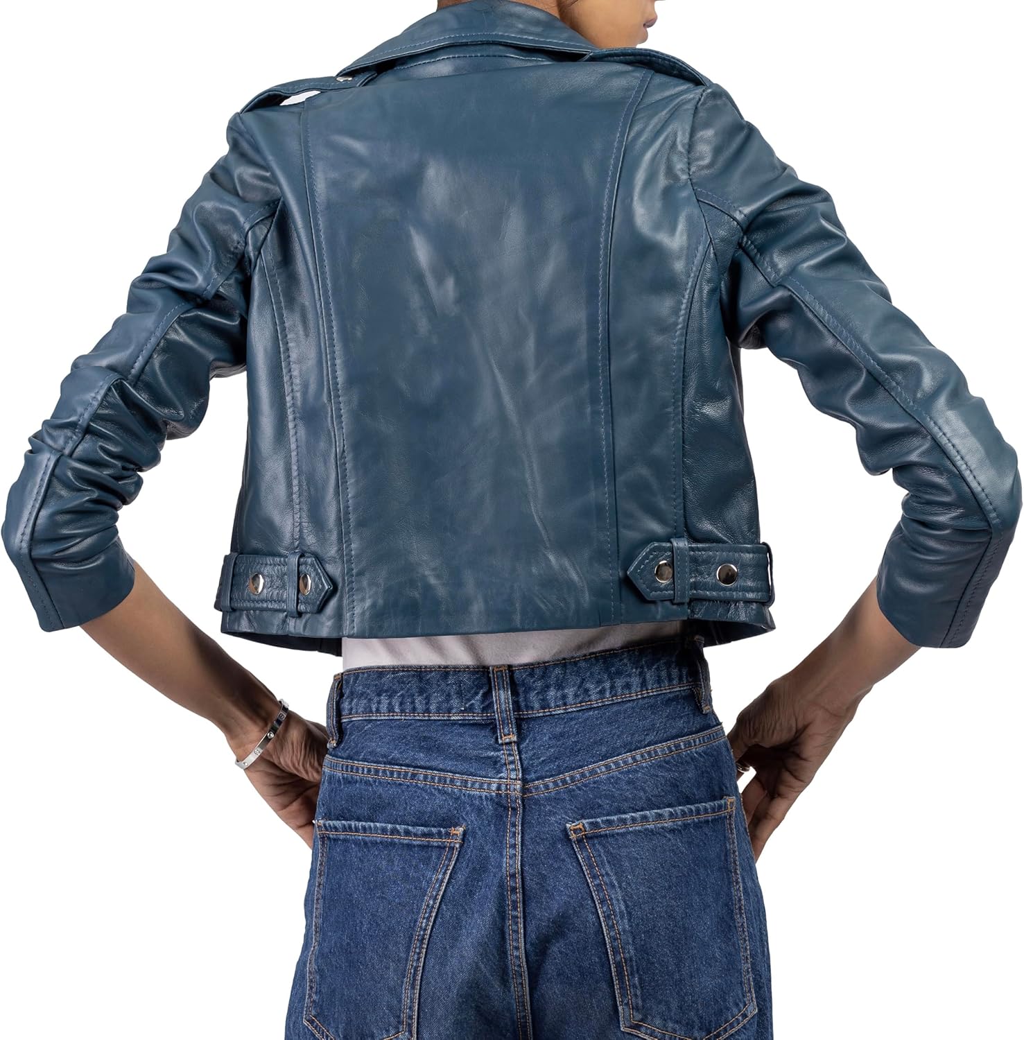 Jild Cropped Leather Jacket Women Lapel Asymmetric Zip Up Moto Biker Short Coat with Belt - Image 2