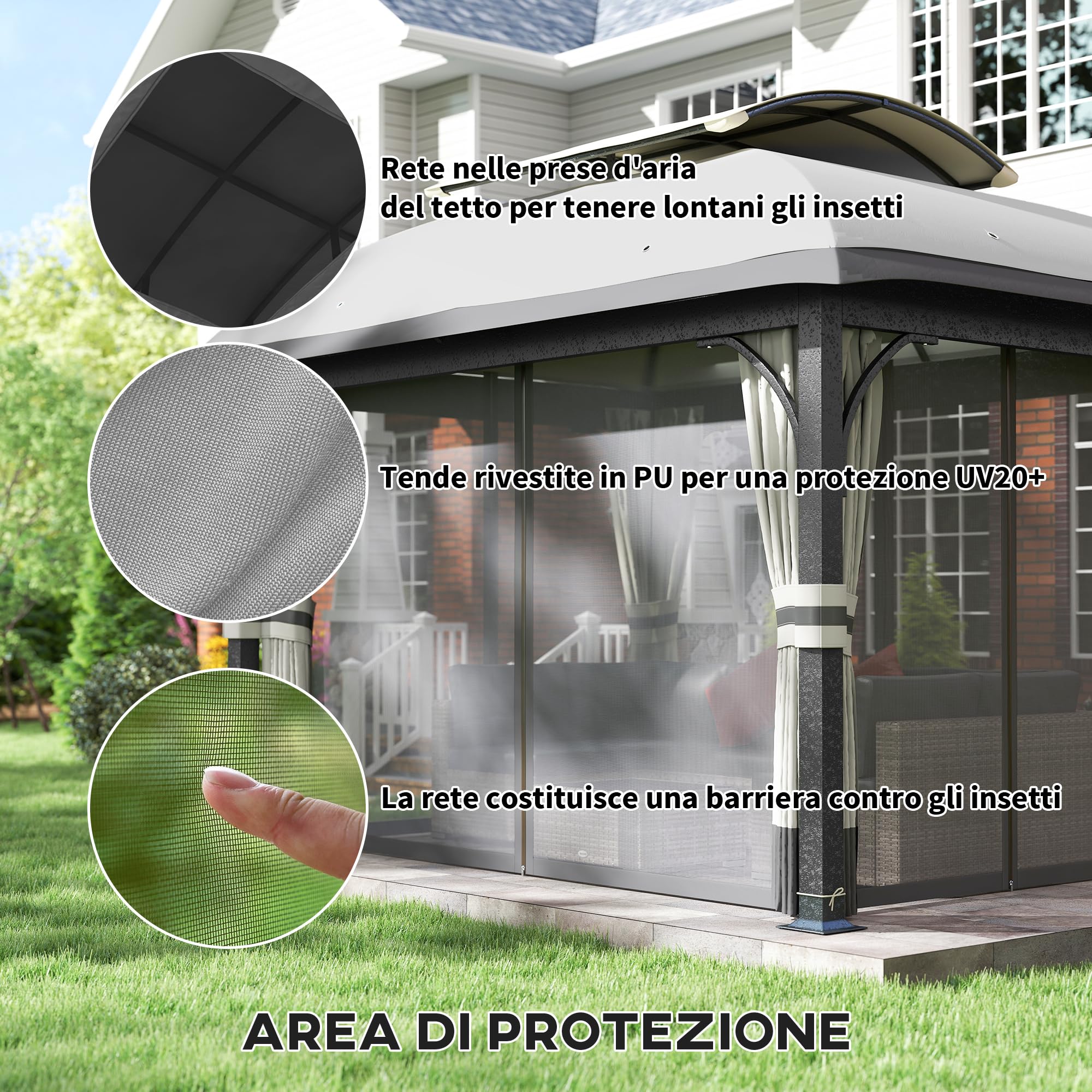 Outsunny Gazebo da Giardino con Zanzariere e Porte 4x3.3 m Grigio Chiaro | Doppio Tetto, Fori di Drenaggio, Gazebo da Esterno, Metallo e Poliestere, per Giardino Feste Campeggio, UV20+