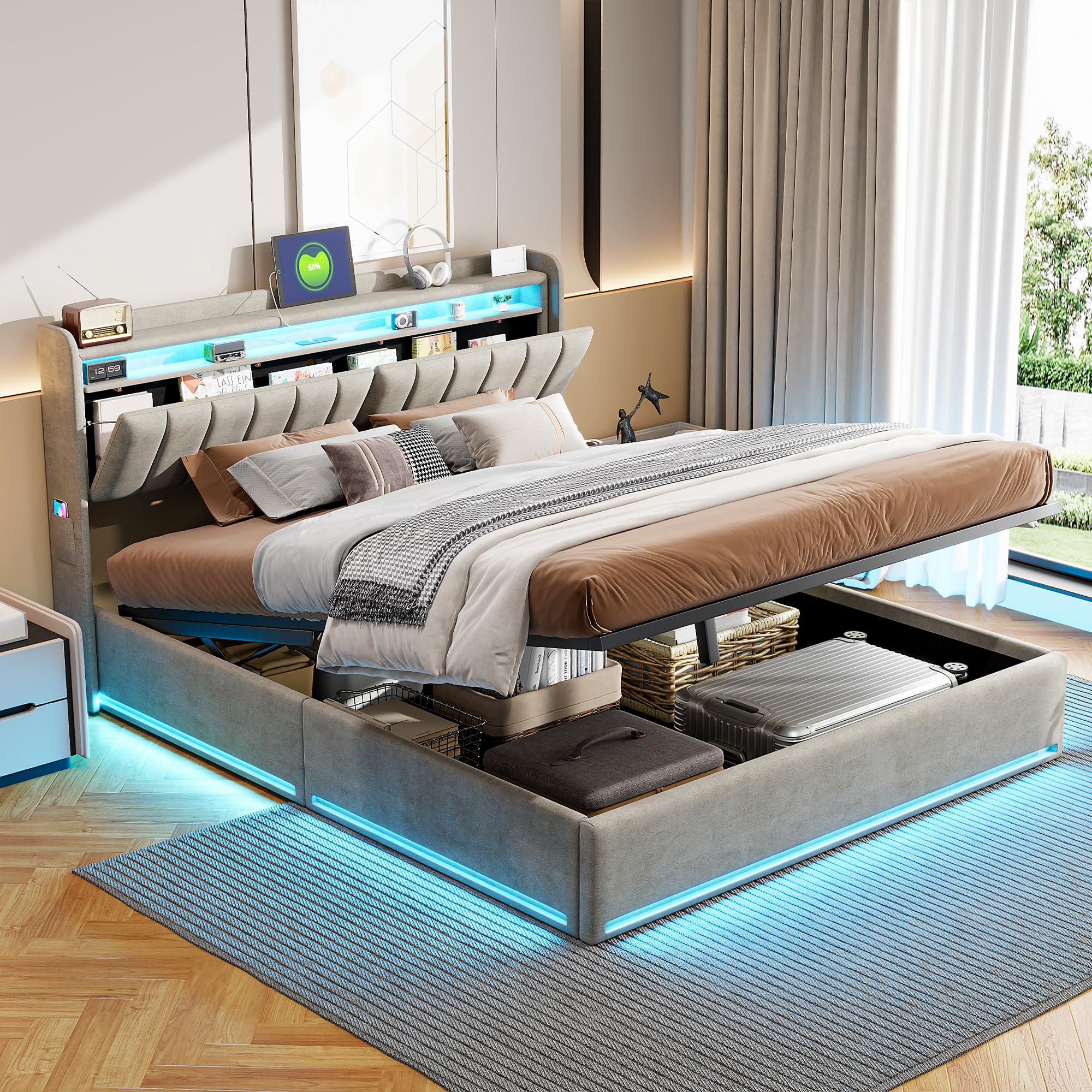 Letto matrimoniale contenitore 160x200 cm con LED e USB, lino, grigio, senza materasso | Leroy Merlin