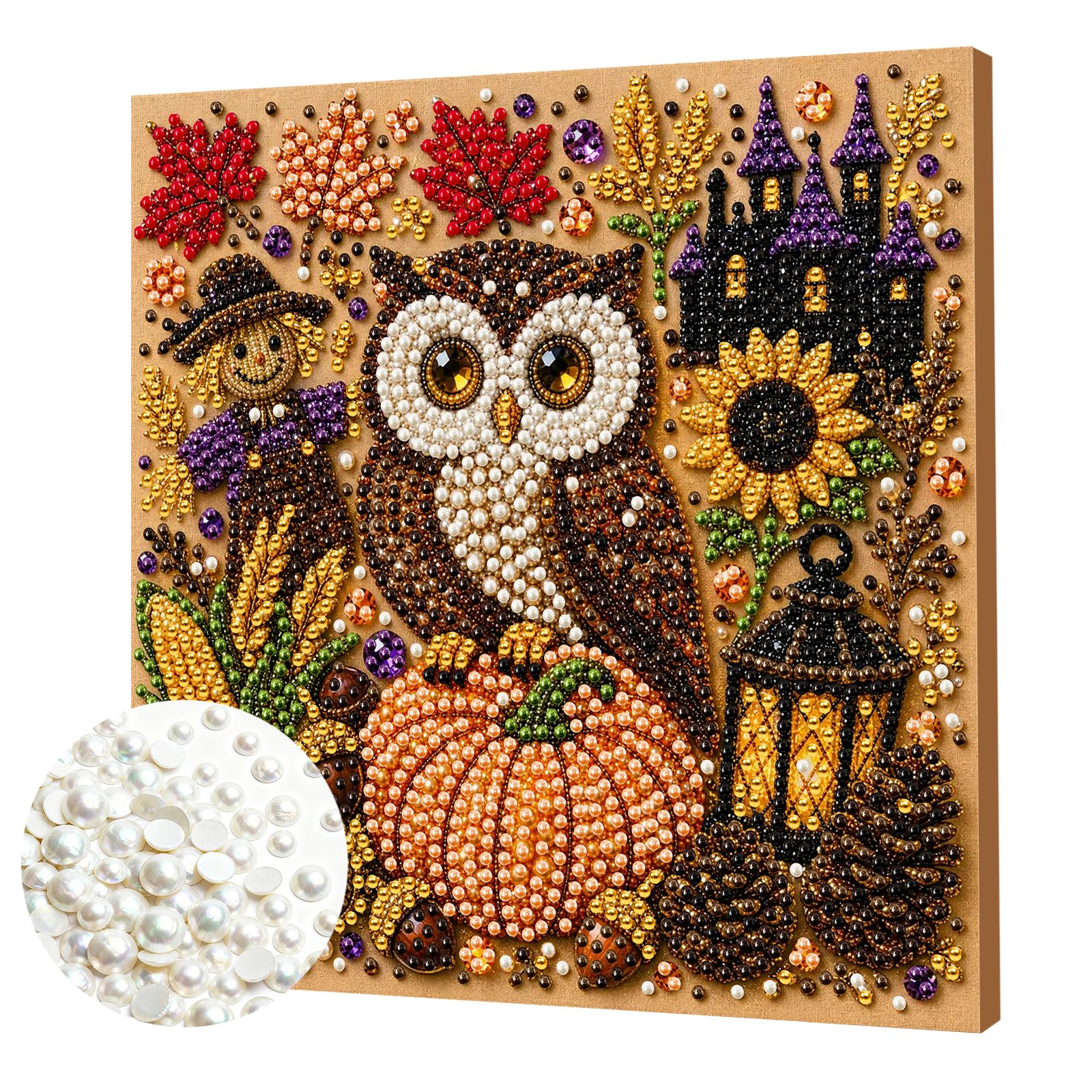 Sowa dyniowa w ramce DIY zestawy do malowania perłami 20x20cm